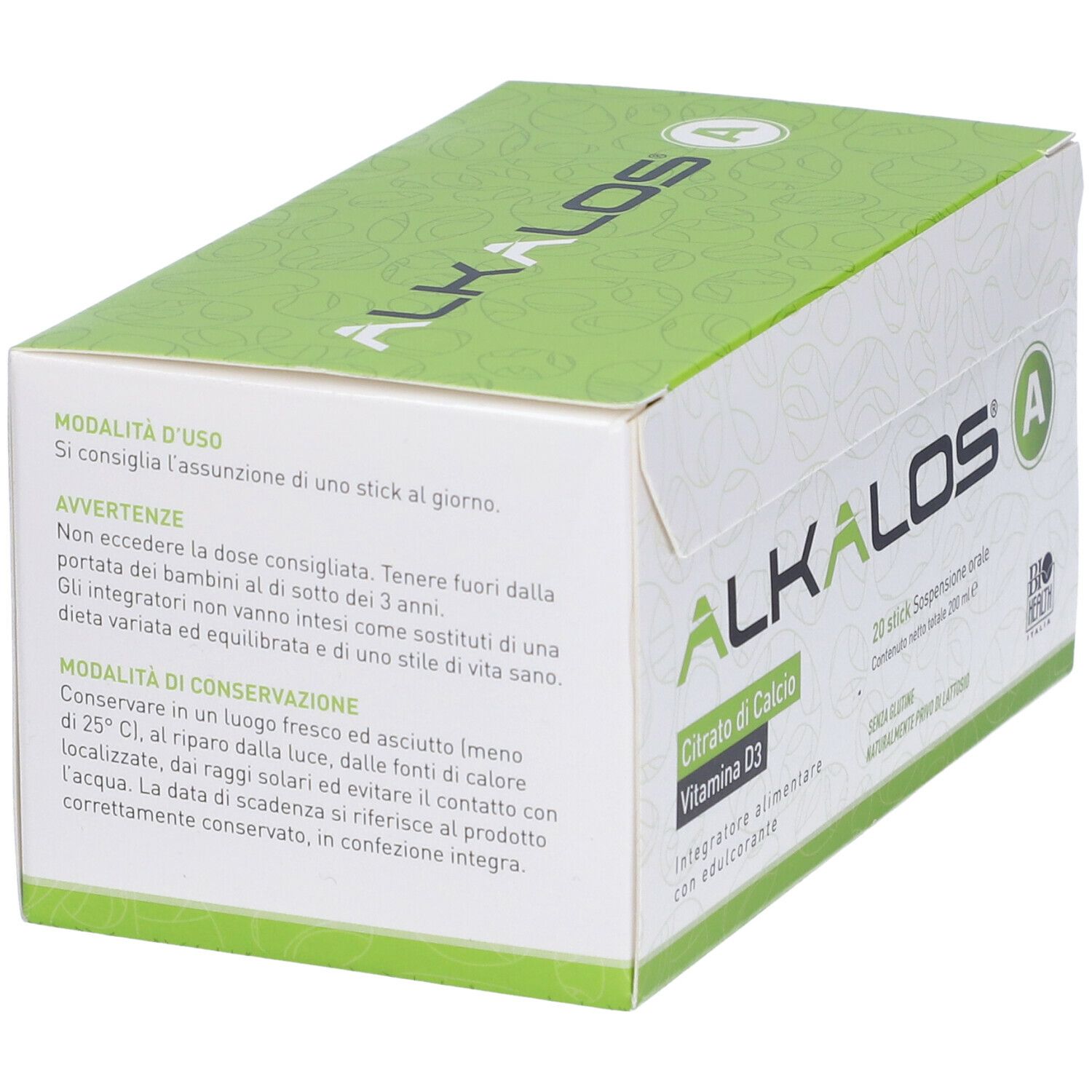 Scatola con nome del prodotto e ingredienti. Contiene 20 stick. Marchio: Alkalos A. Testo su uso e avvertenze.