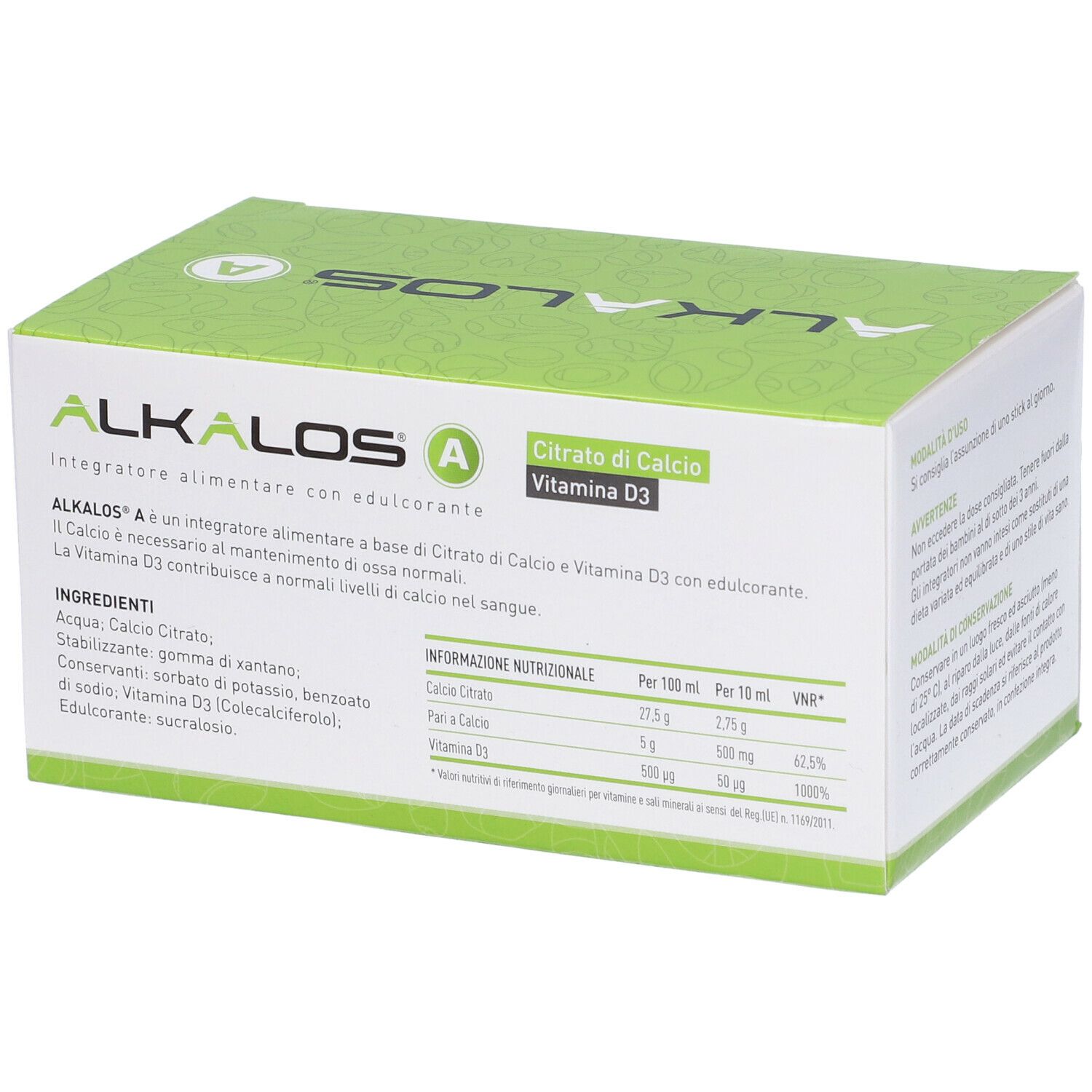 Scatola con nome del prodotto e ingredienti. Contiene 20 stick. Marchio: Alkalos A. Informazioni nutrizionali sul retro.