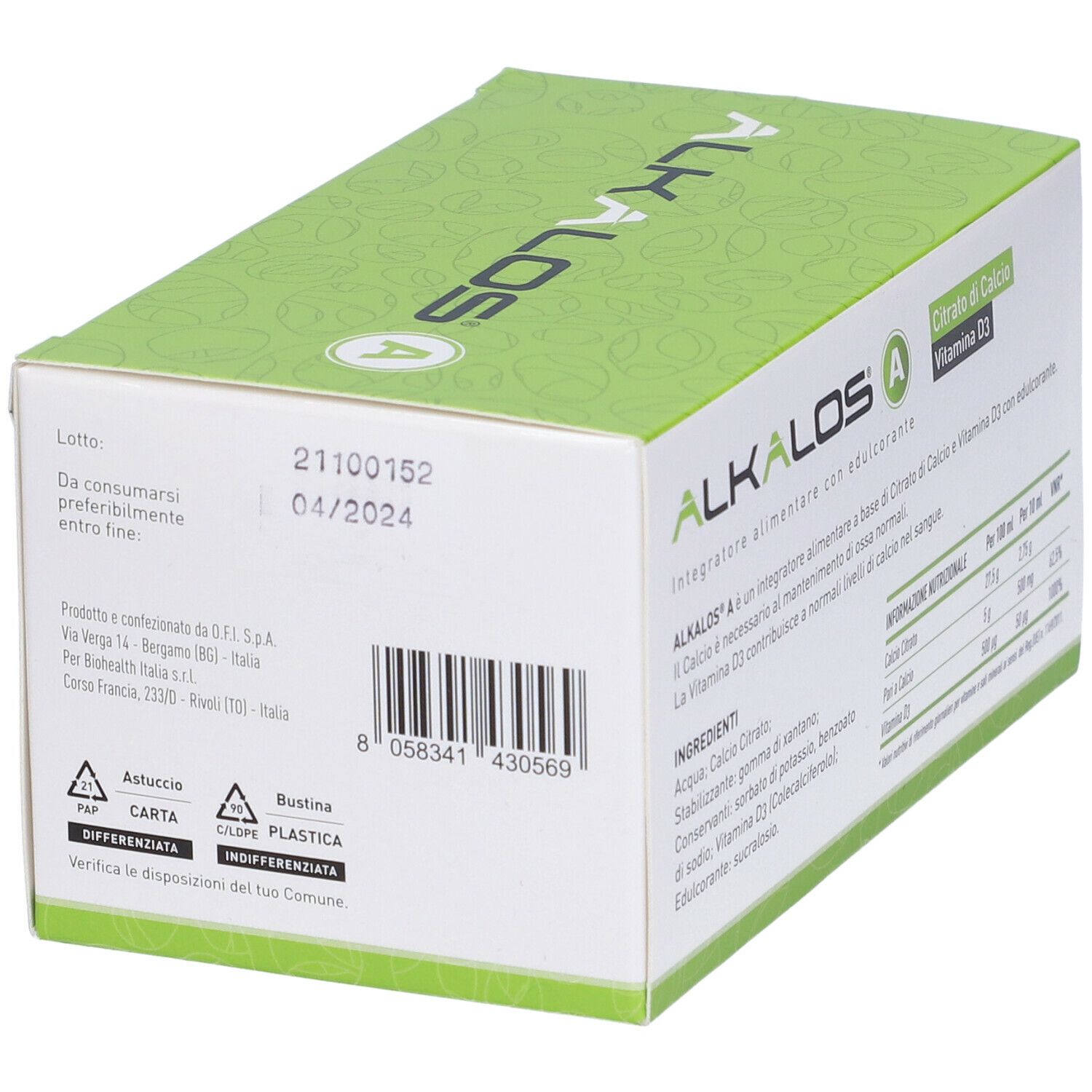 Scatola con nome del prodotto e ingredienti. Contiene 20 stick. Marchio: Alkalos A. Data di produzione e scadenza.