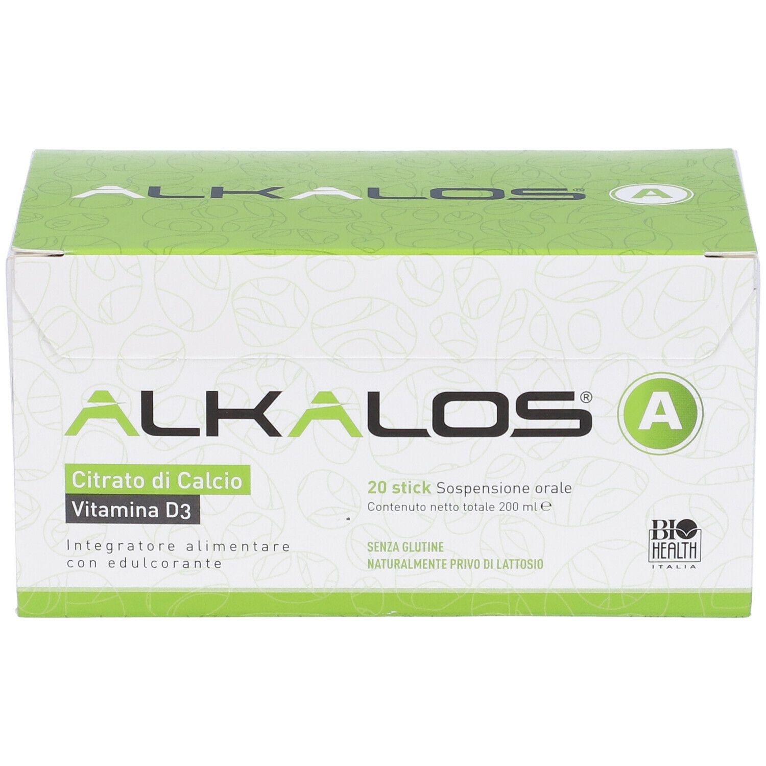Scatola verde e bianca con nome del prodotto e ingredienti. Contiene 20 stick. Marchio: Alkalos A. Bio Health Italia.