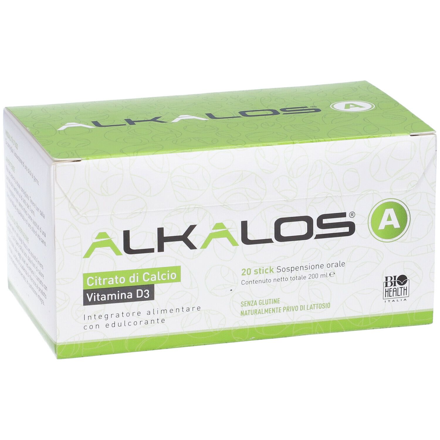 Scatola verde e bianca con nome del prodotto e ingredienti. Contiene 20 stick. Marchio: Alkalos A. Bio Health Italia.