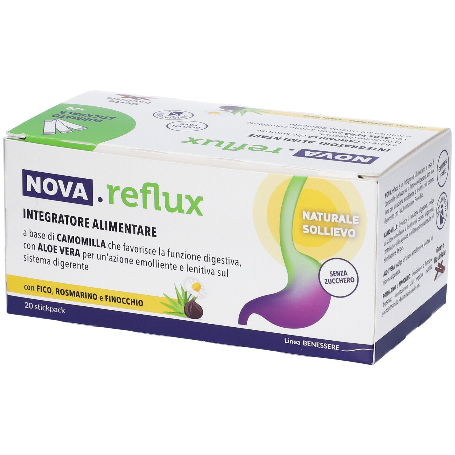 Scatola di stickpack NOVA.reflux. Testo: Integratore Alimentare, sollievo naturale, senza zucchero. 20 stickpack.