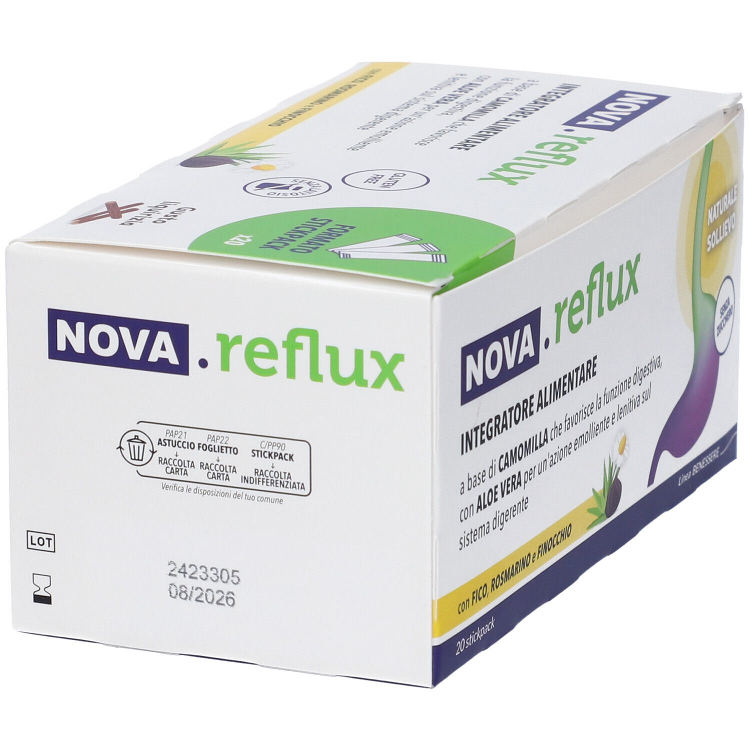 Retro della scatola NOVA.reflux. Testo: Integratore Alimentare, 20 stickpack, numero di lotto, data di scadenza.