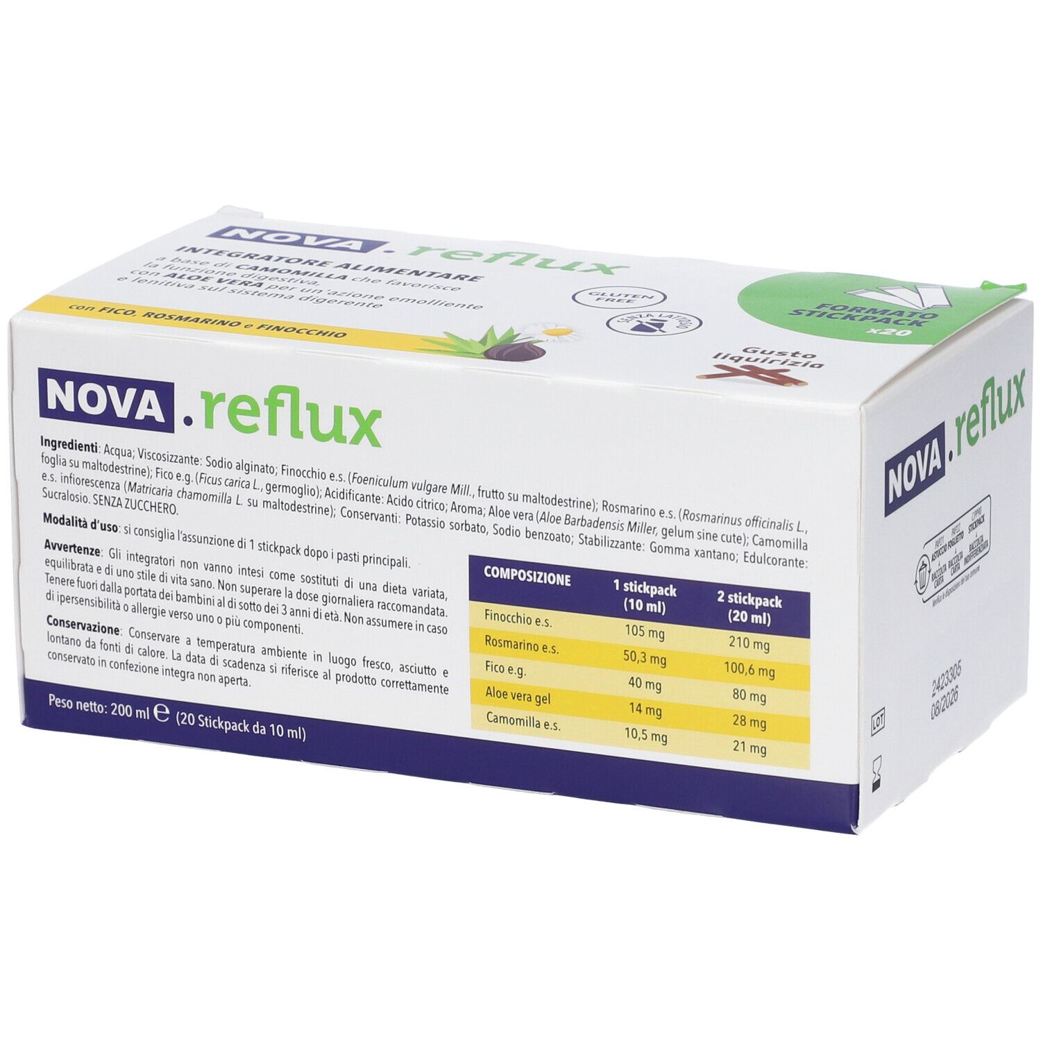 Scatola NOVA.reflux con ingredienti e informazioni nutrizionali. Testo: Integratore Alimentare, 20 stickpack, senza zucchero.