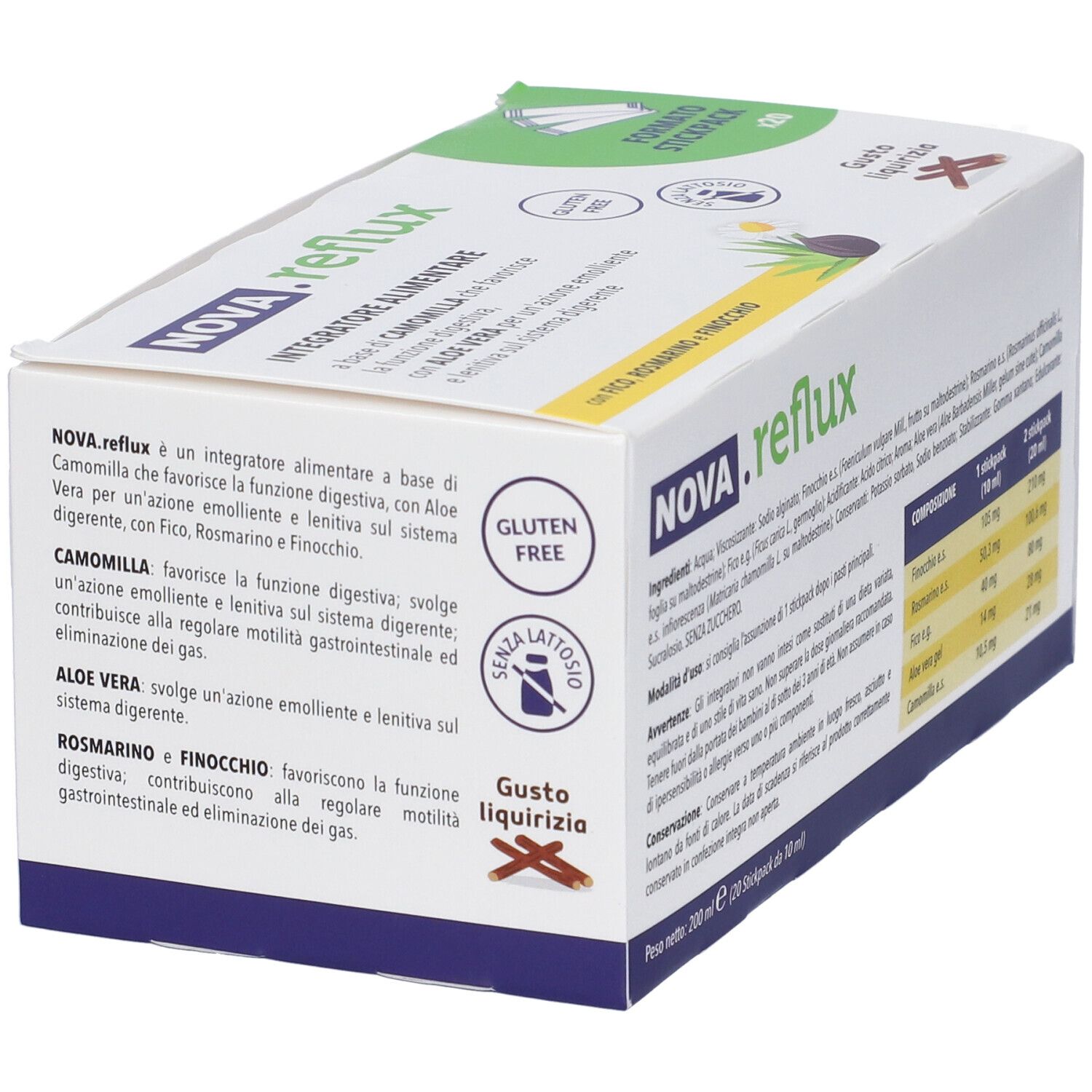 Scatola NOVA.reflux con testo: Senza glutine, senza lattosio, gusto liquirizia. Testo: Integratore Alimentare, 20 stickpack.