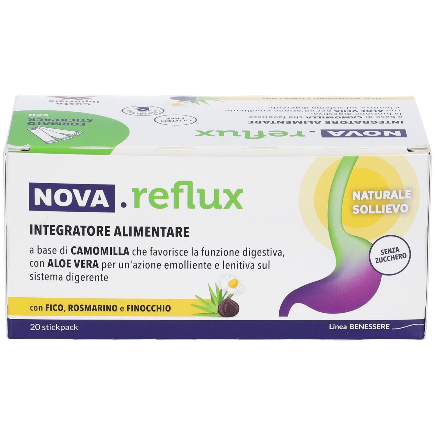 Scatola NOVA.reflux. Testo: Integratore Alimentare, sollievo naturale, senza zucchero. 20 stickpack.