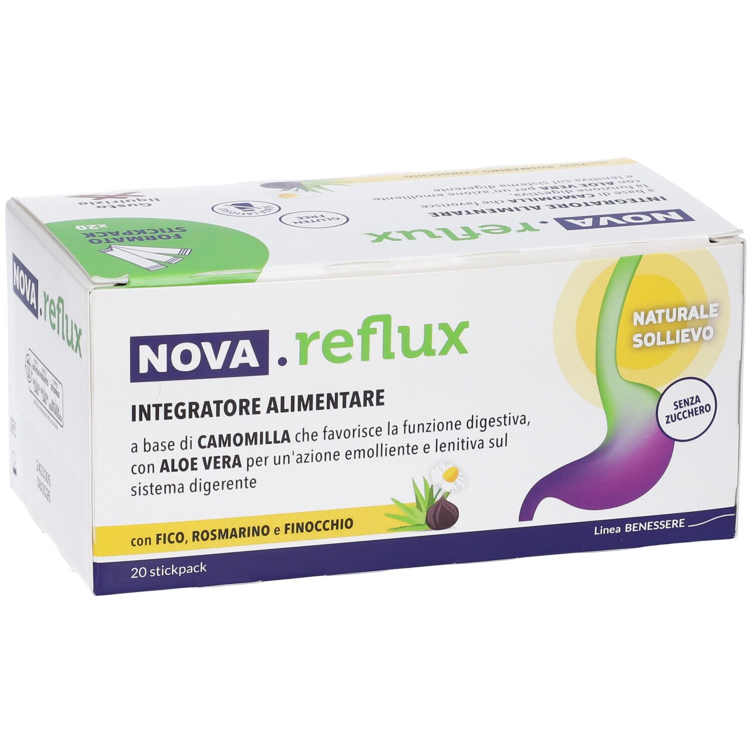 Scatola NOVA.reflux. Testo: Integratore Alimentare, sollievo naturale, senza zucchero. 20 stickpack.