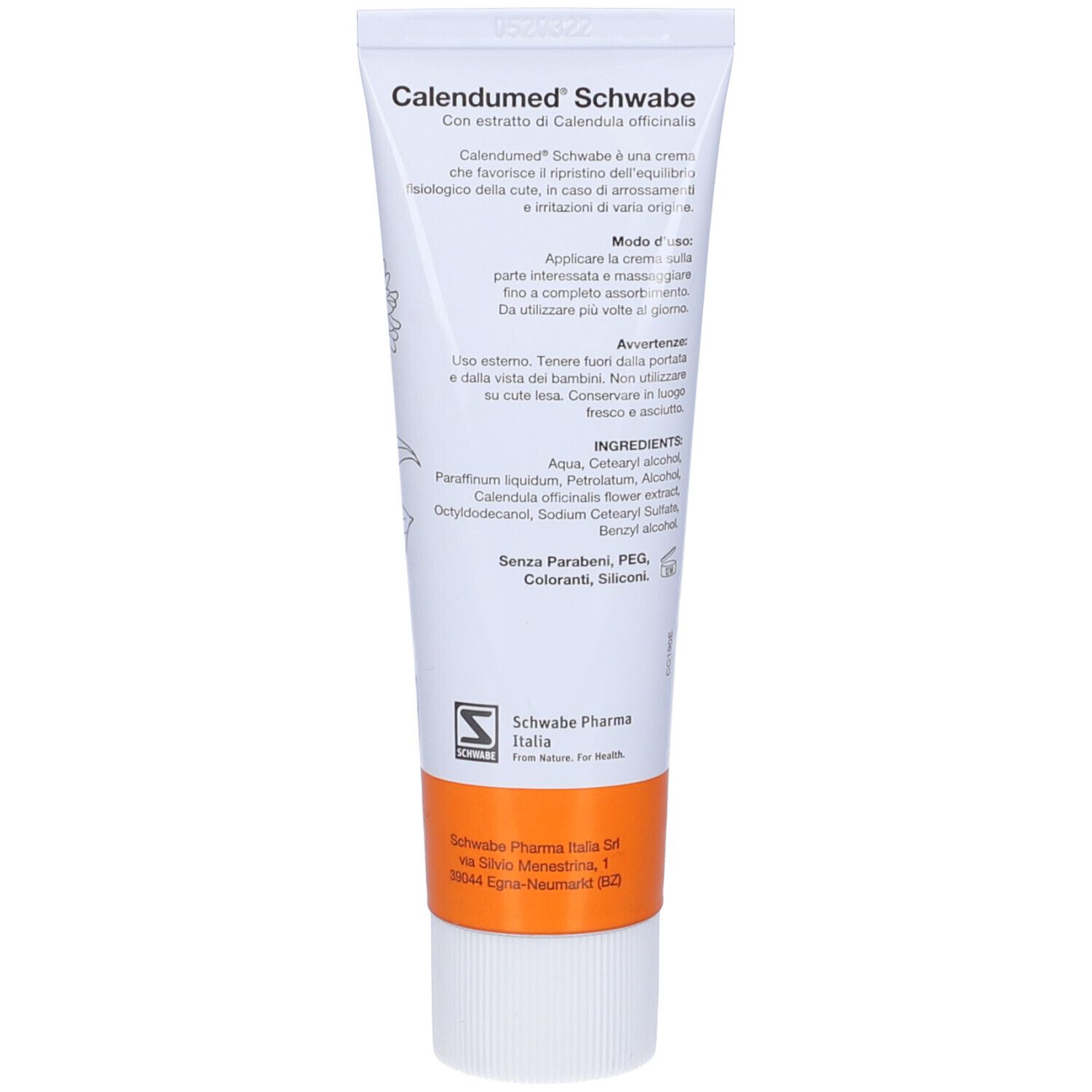 Retro del tubo Calendumed Schwabe. Testo italiano, ingredienti e logo.