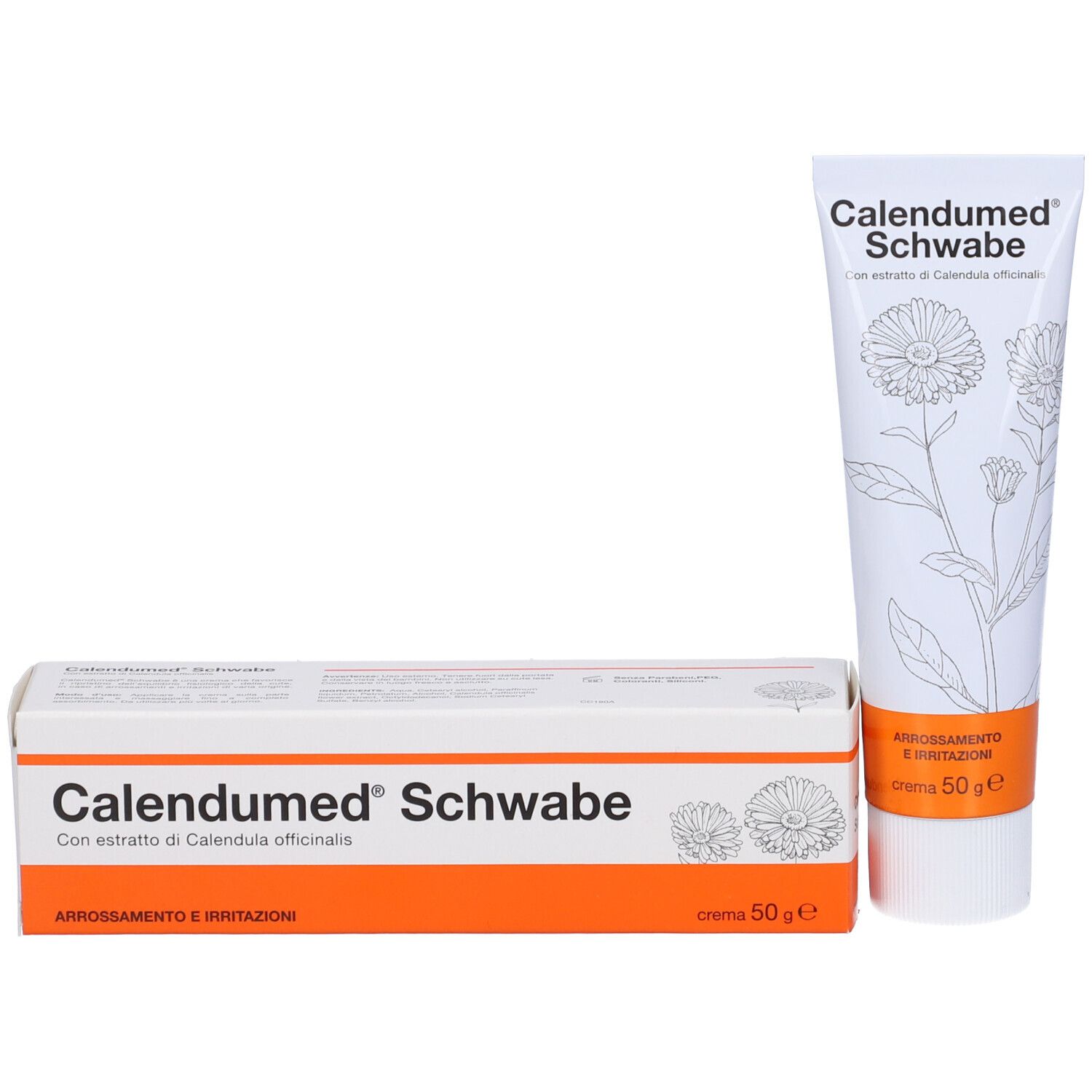 Scatola e tubo Calendumed Schwabe. Nome del prodotto e dettagli arancioni. Crema.