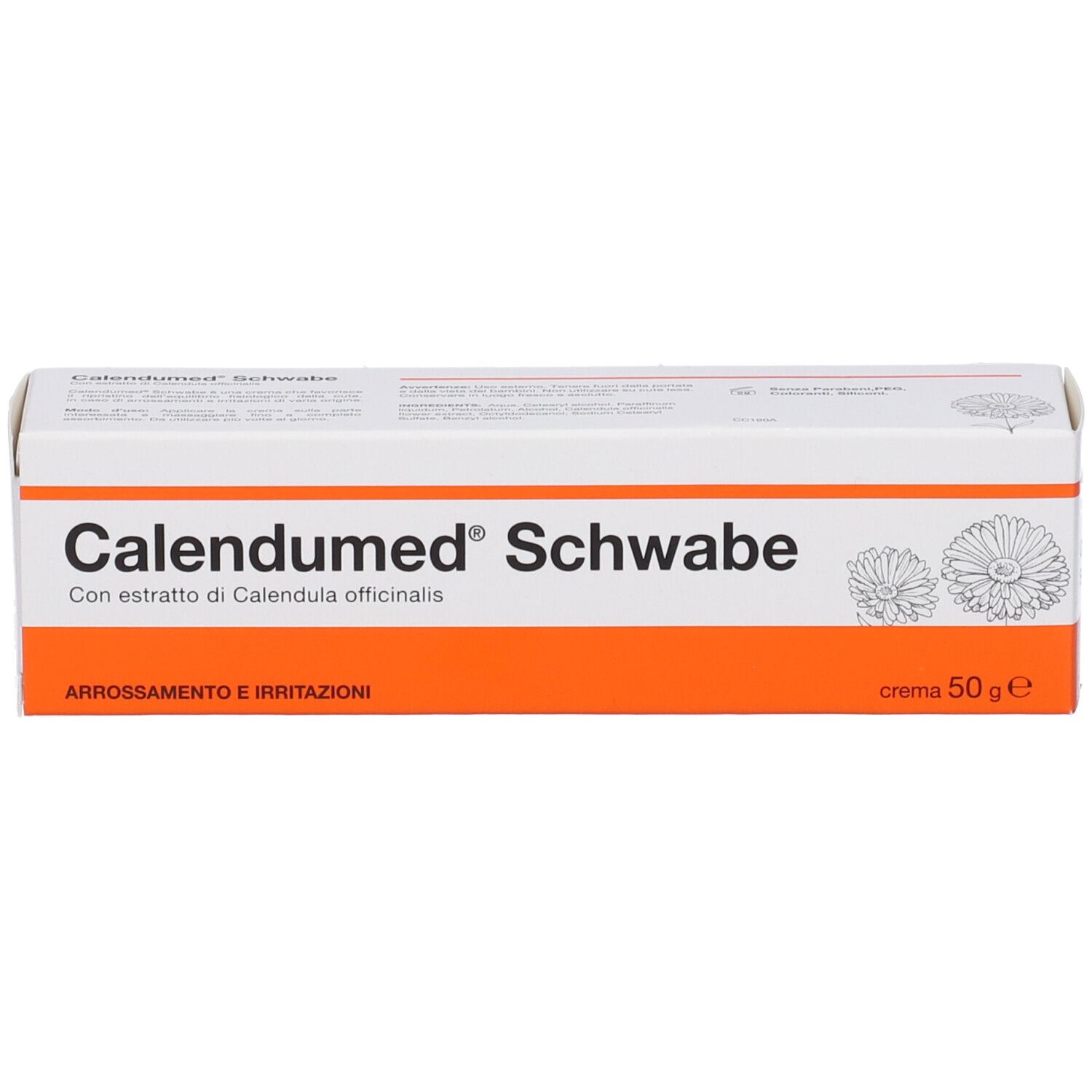 Scatola Calendumed Schwabe. Nome del prodotto, dettagli arancioni e testo. Crema.