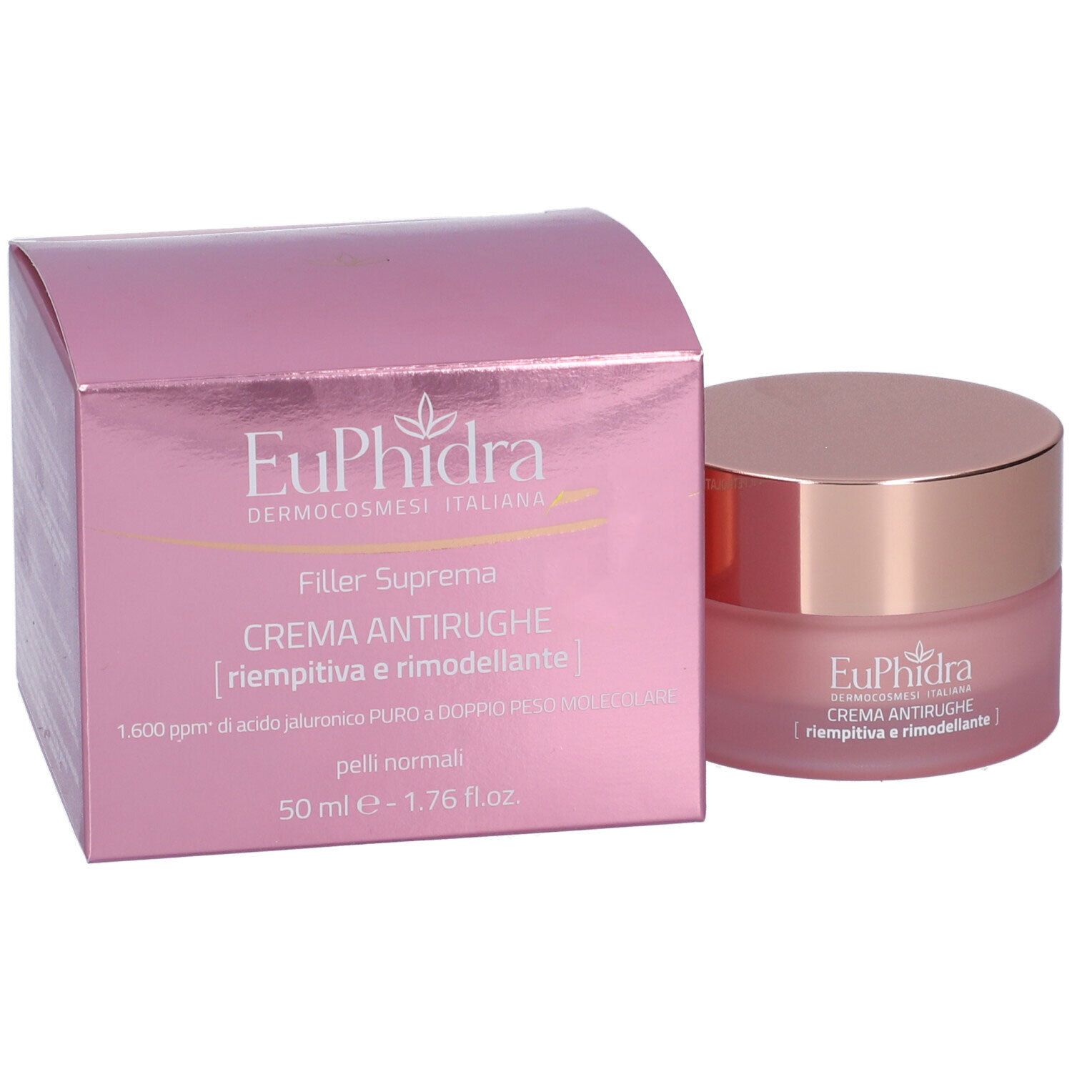 Vaso di crema rosa con coperchio oro rosa e confezione rosa. Testo: EuPhidra, Filler Suprema, Crema Antirughe.