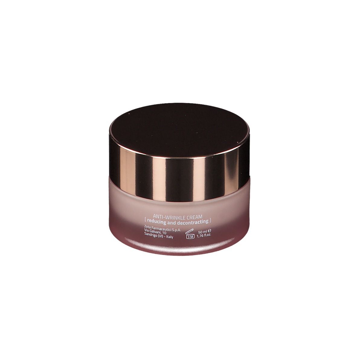 Runder, rosafarbener Cremetiegel mit goldfarbenem Deckel. Aufschrift: Creme Antirughe, 50 ml.