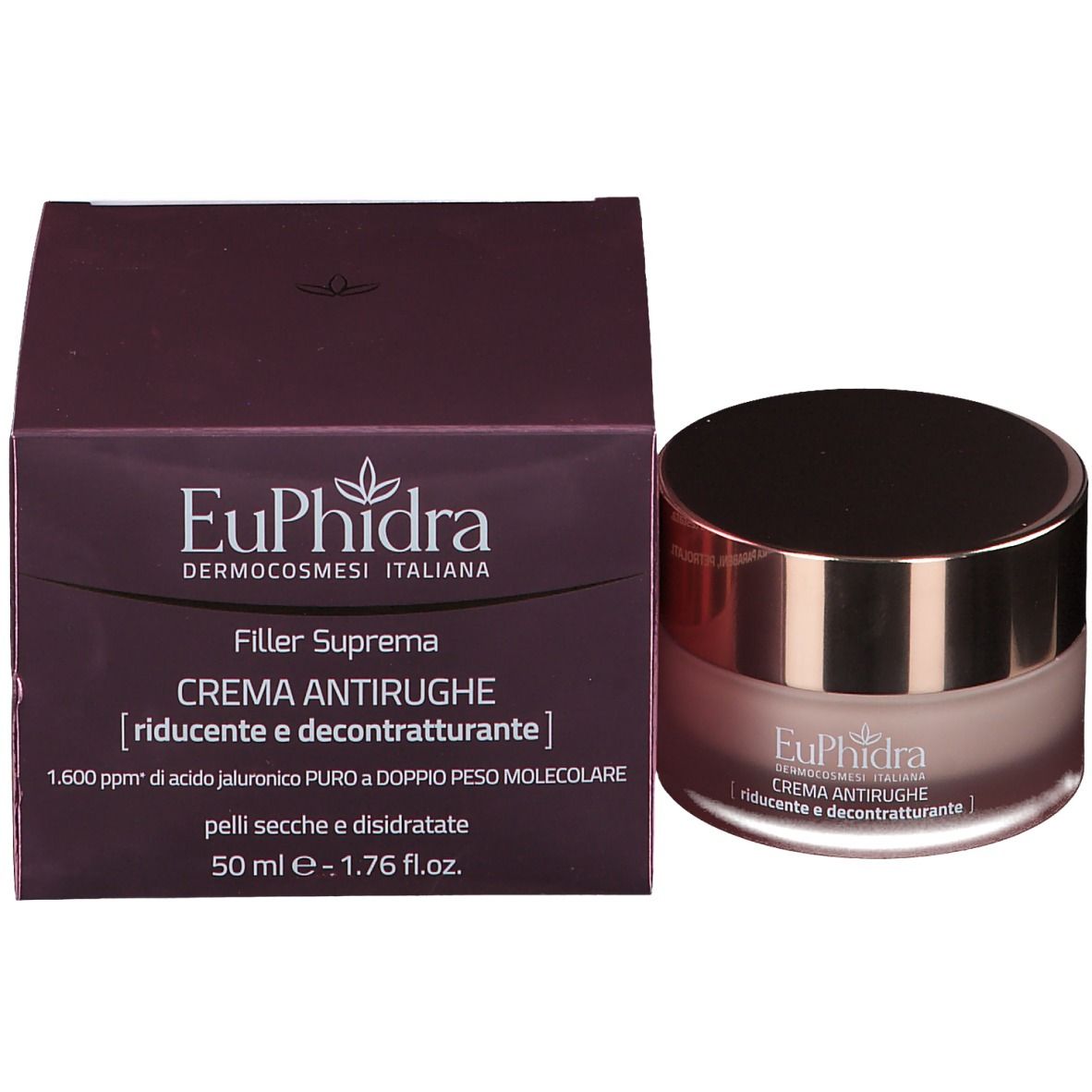 Rosa Creme-Tiegel mit goldfarbenem Deckel und Verpackung. Aufschrift: Euphidra, Creme Antirughe.