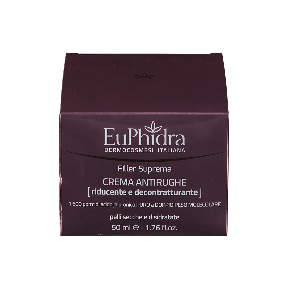 Verpackung mit Aufschrift: Euphidra, Creme Antirughe, 50 ml. Rosa Creme-Tiegel mit goldfarbenem Deckel.