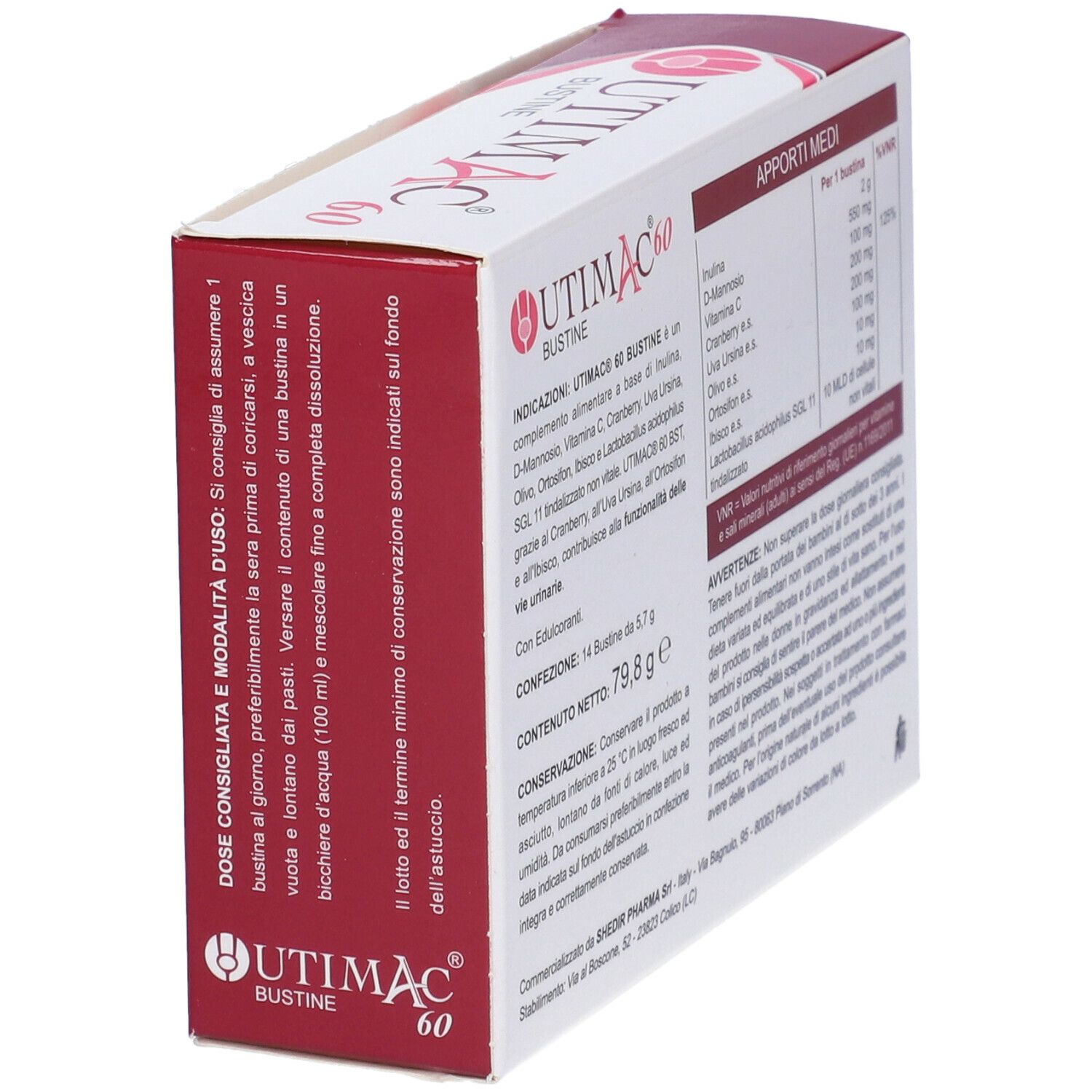 Confezione di Utimac 60 Bustine. Contiene informazioni su dosaggio e ingredienti. Marchio Shedir Pharma.