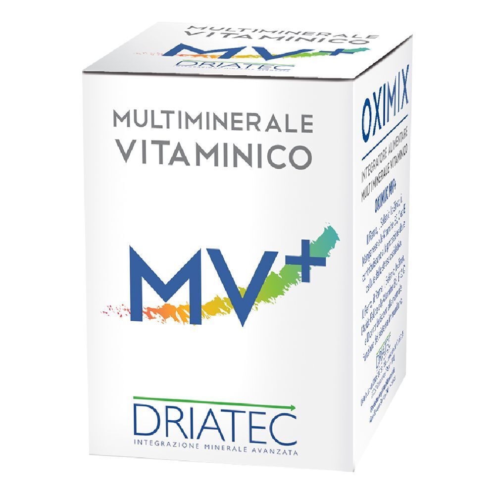 Scatola bianca con scritta 'Multiminerale Vitaminico MV+' e logo Driatec.