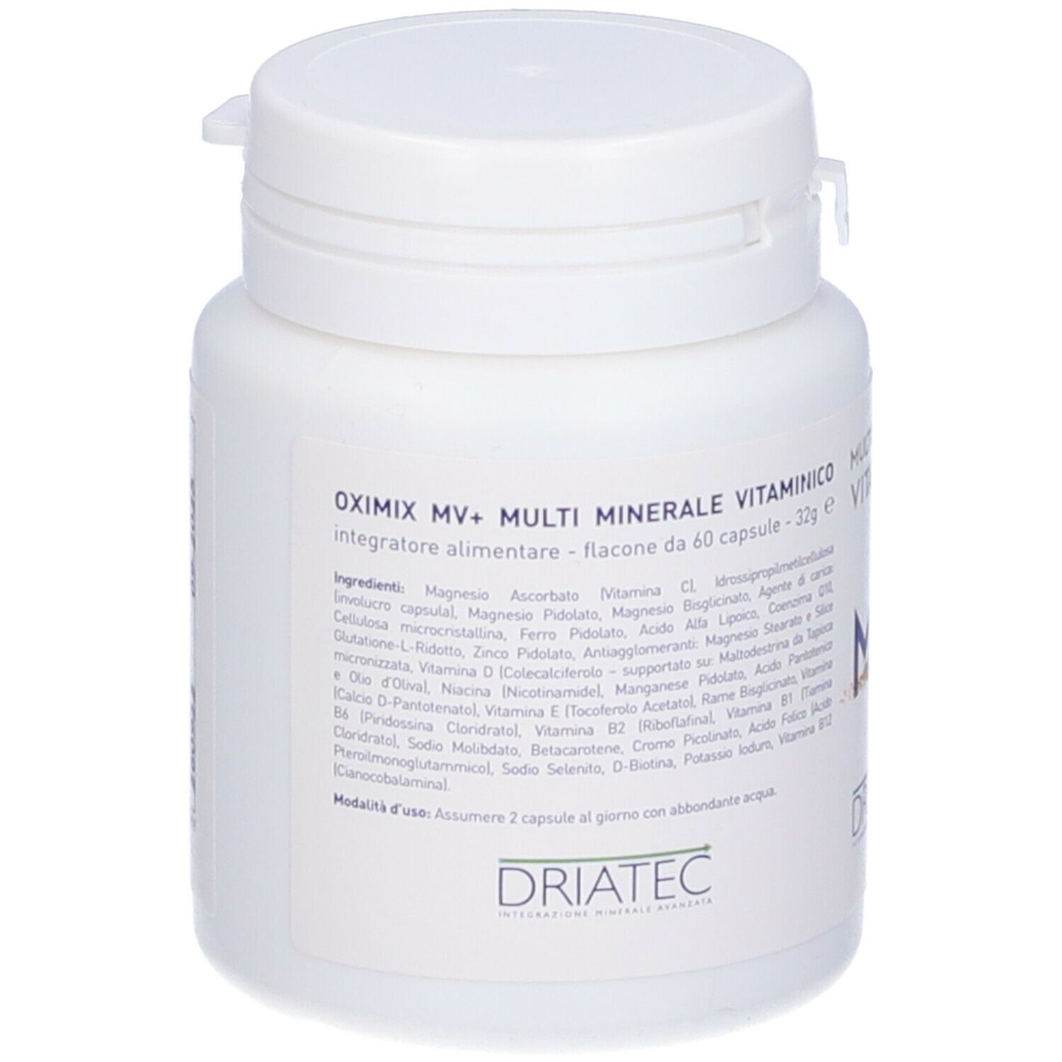 Flacone bianco con capsule. Scritta: 'Oximix MV+ Multi Minerale Vitaminico'.