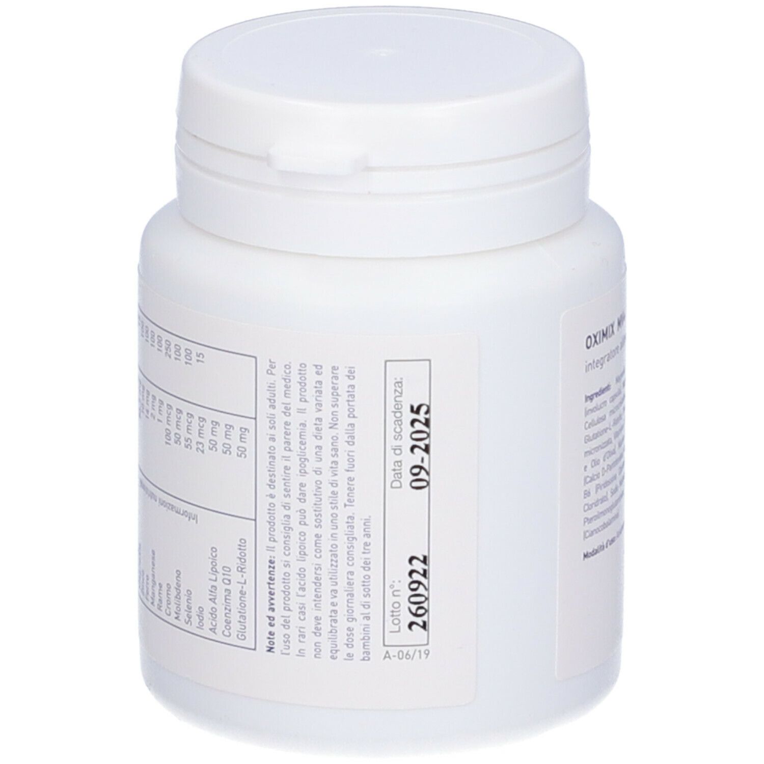 Flacone bianco con capsule. Retro con ingredienti e scadenza.
