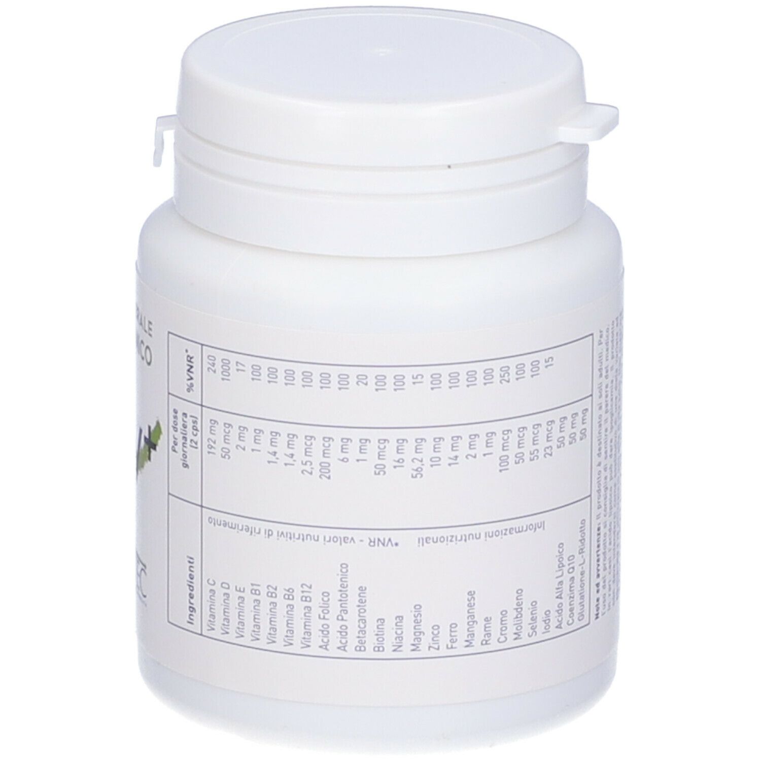 Flacone bianco con capsule. Retro con informazioni nutrizionali.