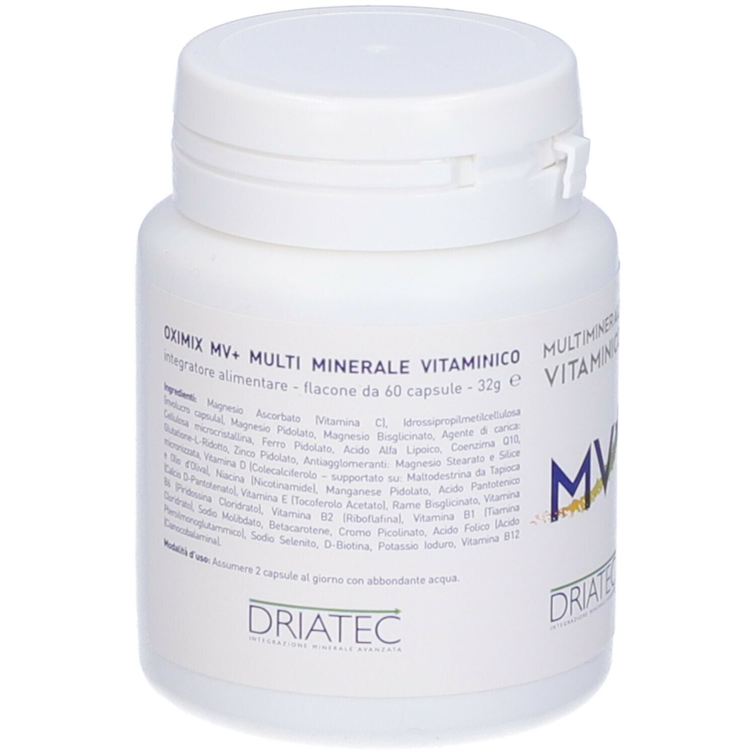 Flacone bianco con capsule. Scritta: 'Oximix MV+ Multi Minerale Vitaminico'.