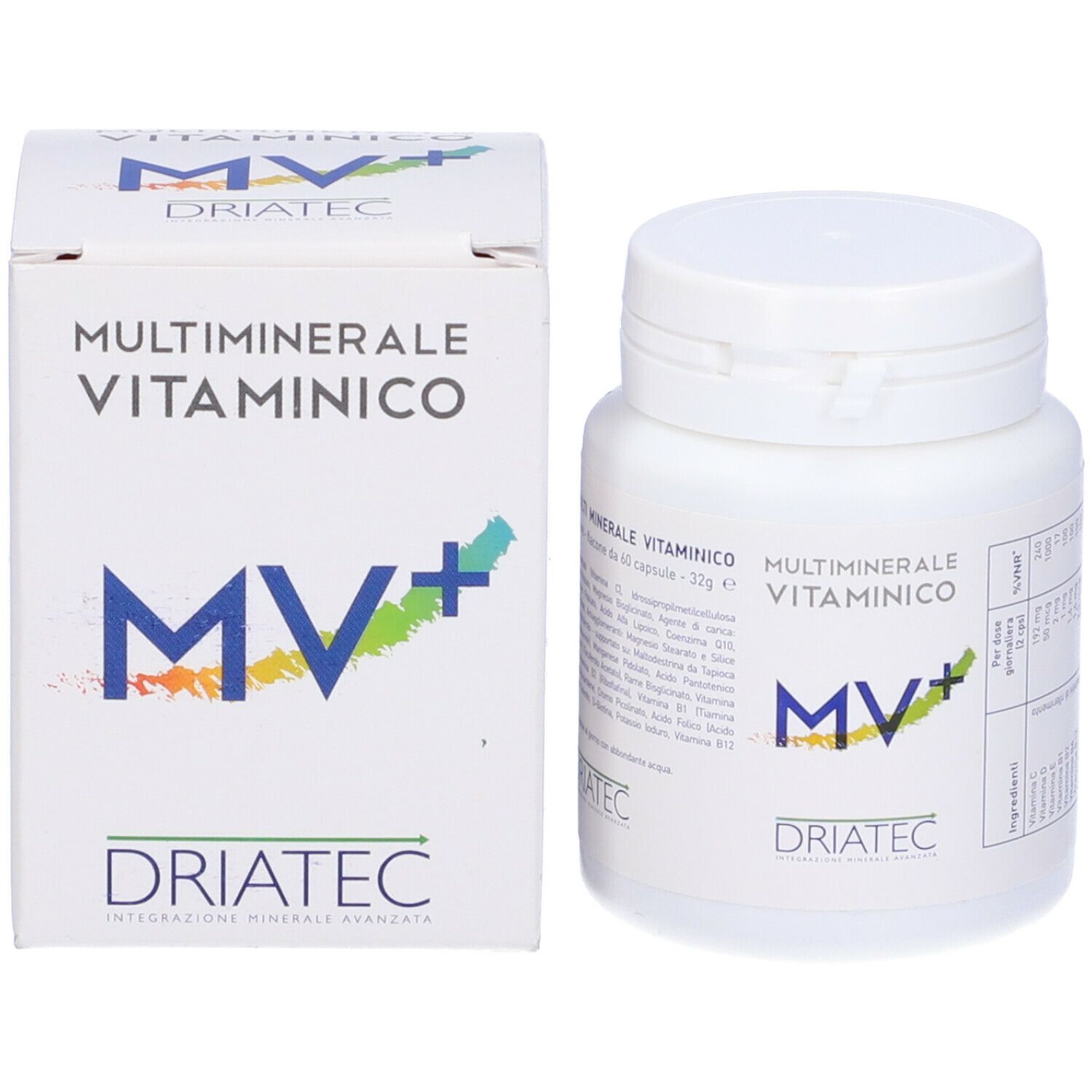 Scatola e flacone bianchi con capsule. Scritta: 'Multiminerale Vitaminico MV+'.