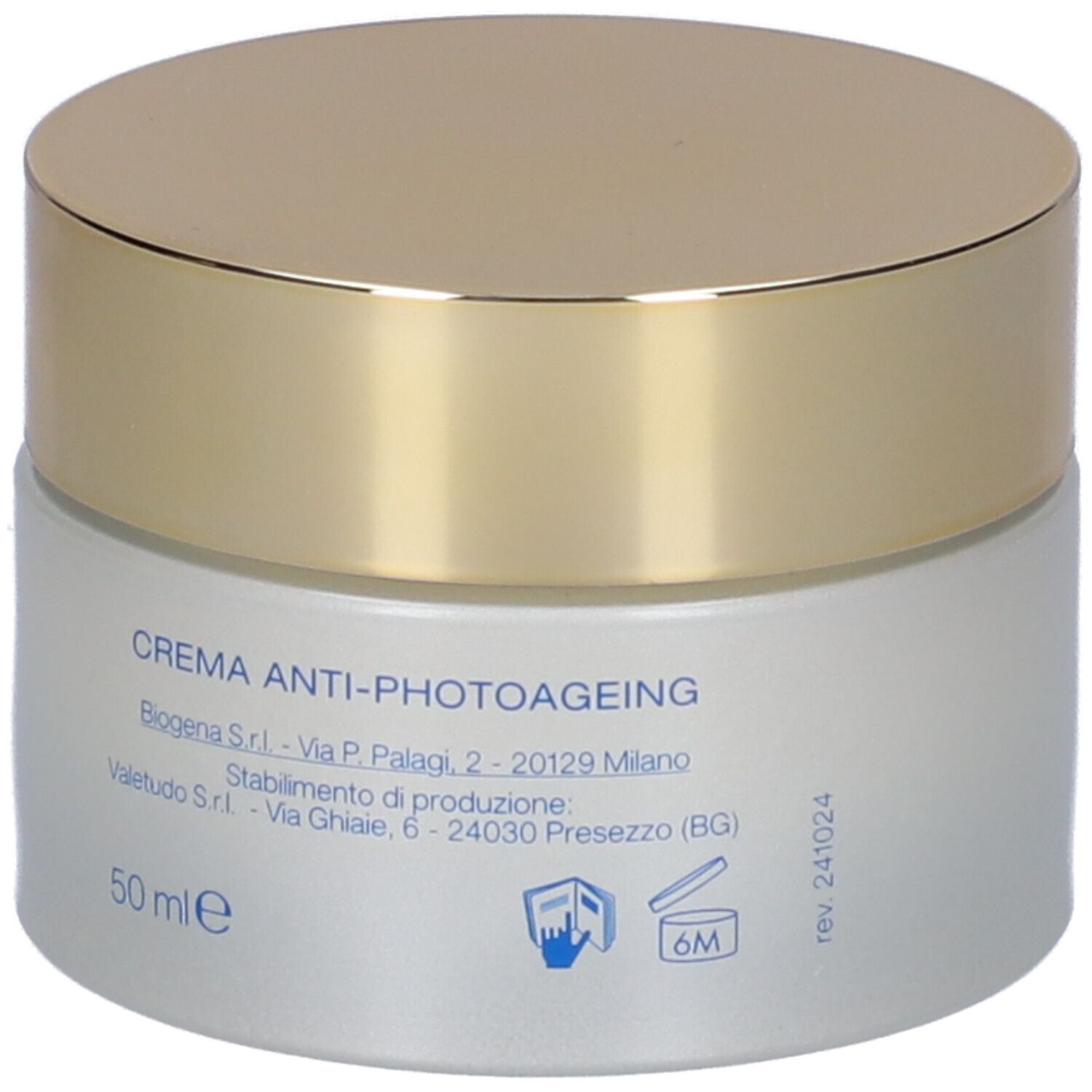 Creme-Tiegel mit goldenem Deckel. Aufschrift: CREMA ANTI-PHOTOAGEING, 50 ml.