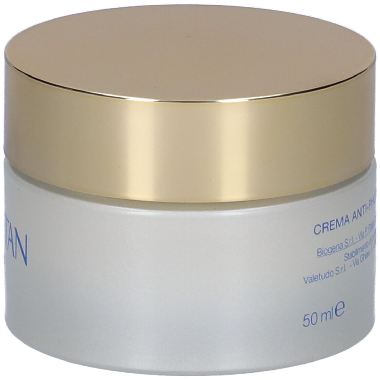 Creme-Tiegel mit goldenem Deckel. Aufschrift: CREMA ANTI-PHOTOAGEING, 50 ml.