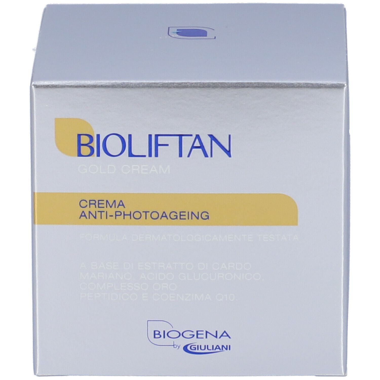 Schachtel mit Aufschrift: BIOLIFTAN GOLD CREAM, CREMA ANTI-PHOTOAGEING.