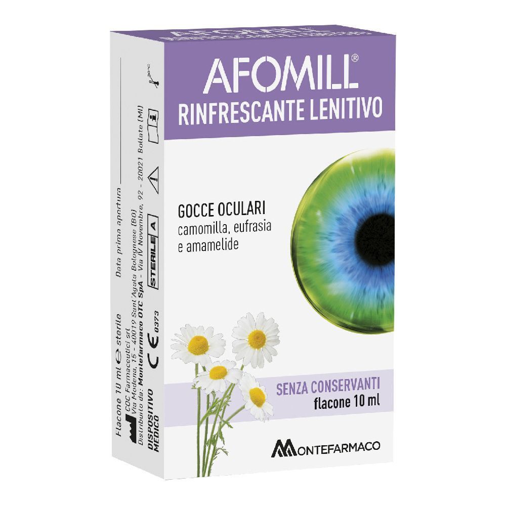 Scatola AFOMILL Rinfrescante Lenitivo. Ingredienti e immagine occhio. Fiori di camomilla. Senza conservanti.