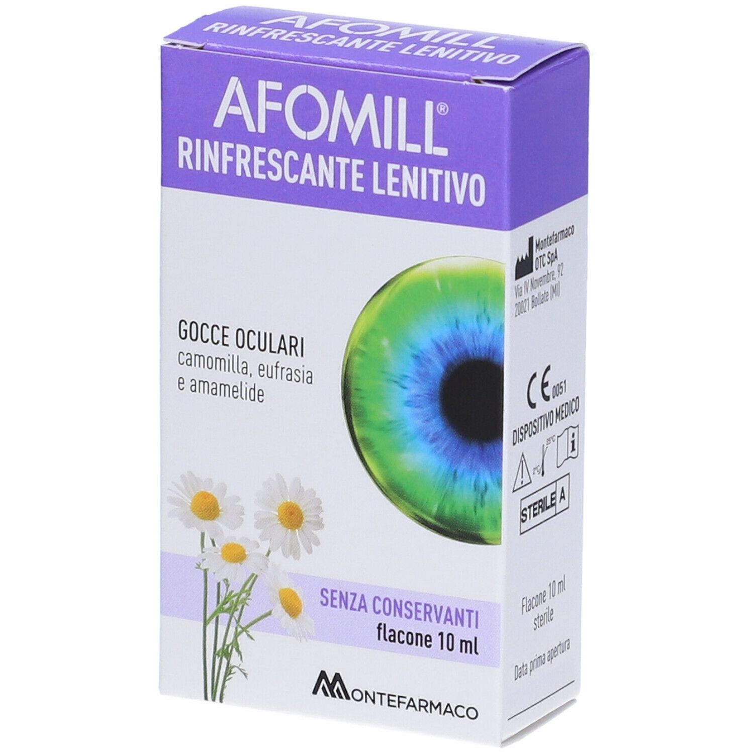 Scatola AFOMILL Rinfrescante Lenitivo. Immagine occhio e fiori di camomilla. Senza conservanti. 10 ml.