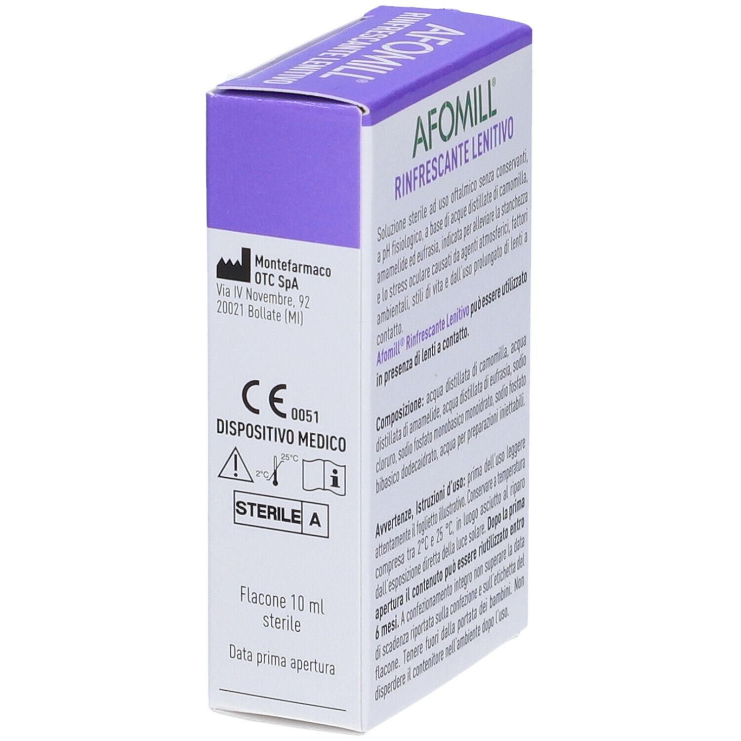 Scatola AFOMILL Rinfrescante Lenitivo. Vista laterale con indirizzo e certificazioni. 10 ml.