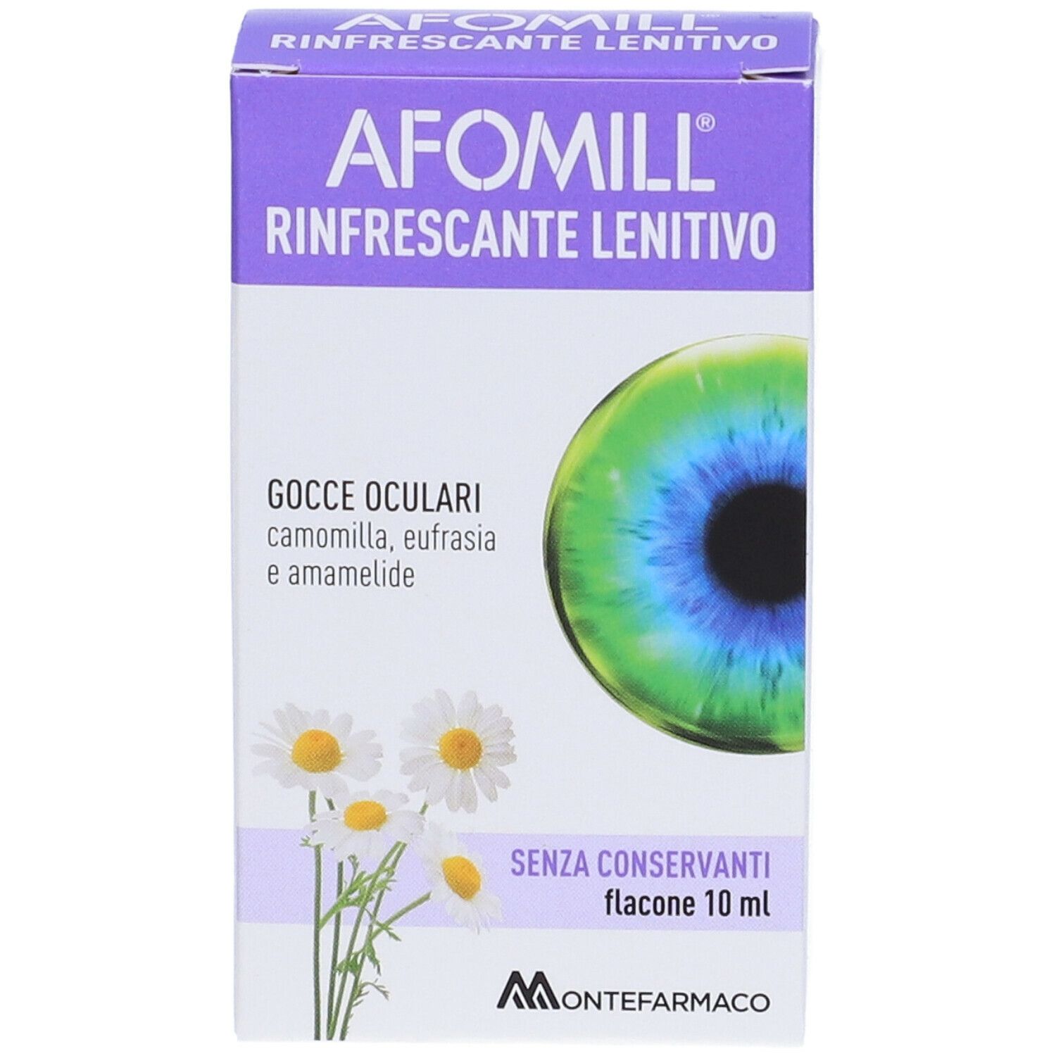 Scatola AFOMILL Rinfrescante Lenitivo. Immagine occhio e fiori di camomilla. Senza conservanti. 10 ml.