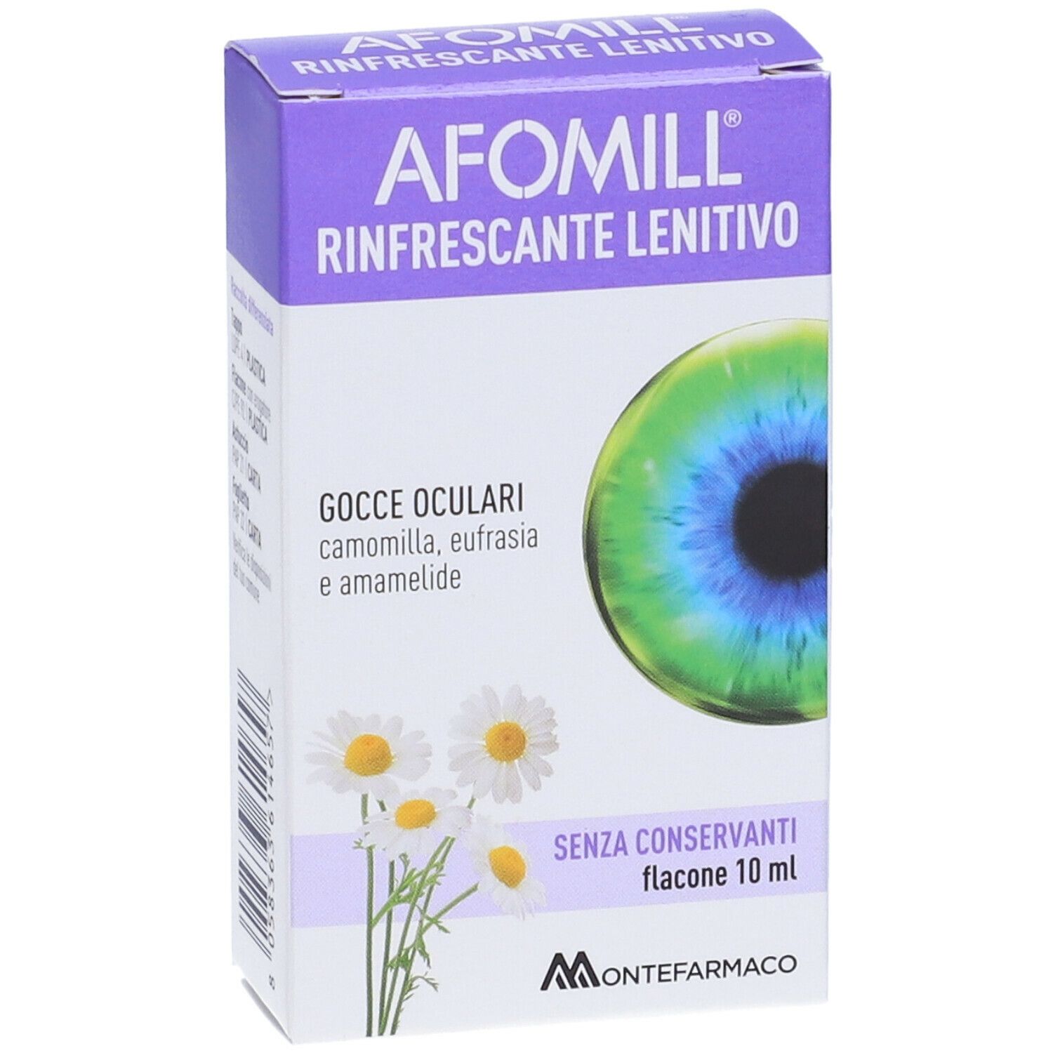 Scatola AFOMILL Rinfrescante Lenitivo. Immagine occhio e fiori di camomilla. Senza conservanti. 10 ml.