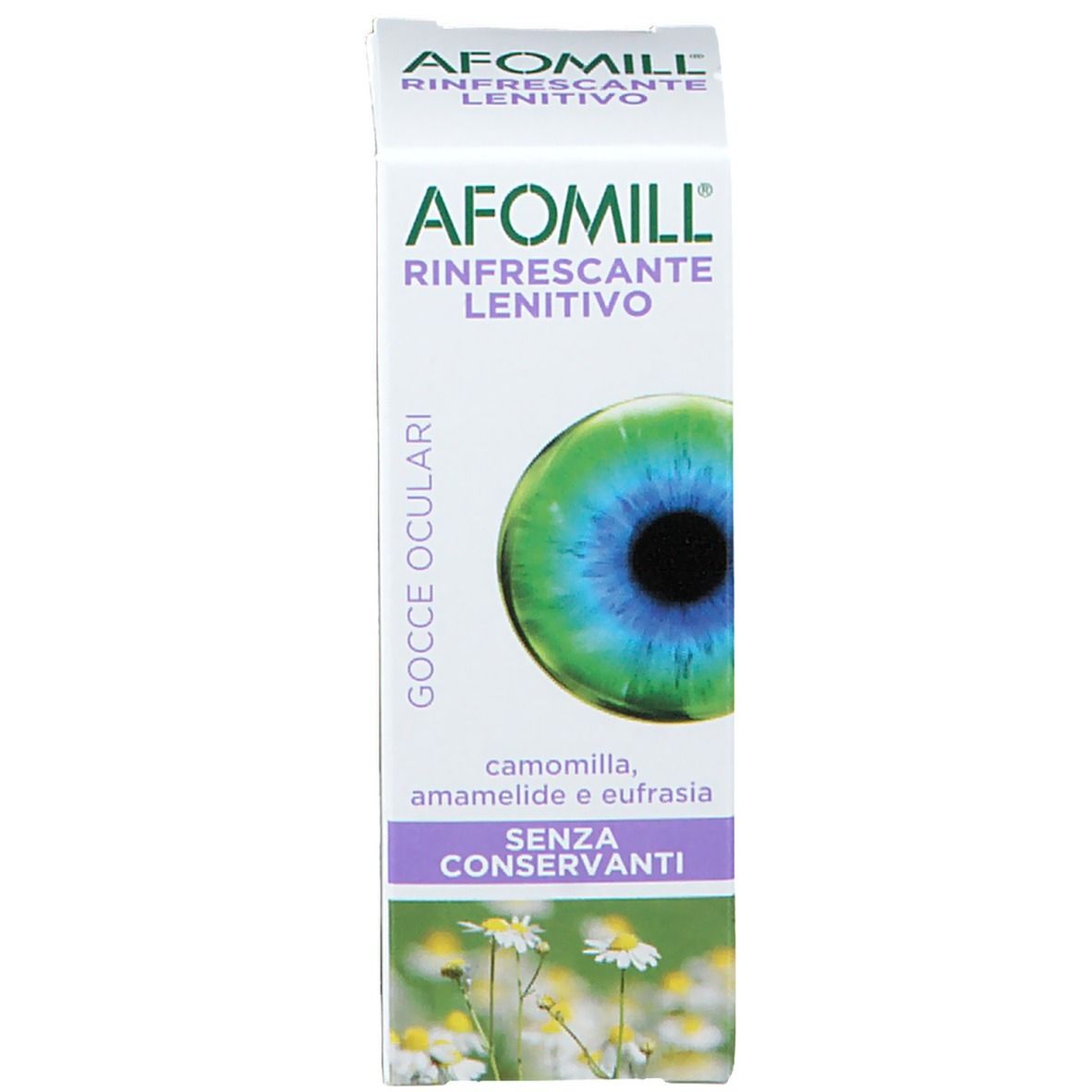 Scatola AFOMILL Rinfrescante Lenitivo. Immagine occhio e fiori di camomilla. Senza conservanti. 10 ml.