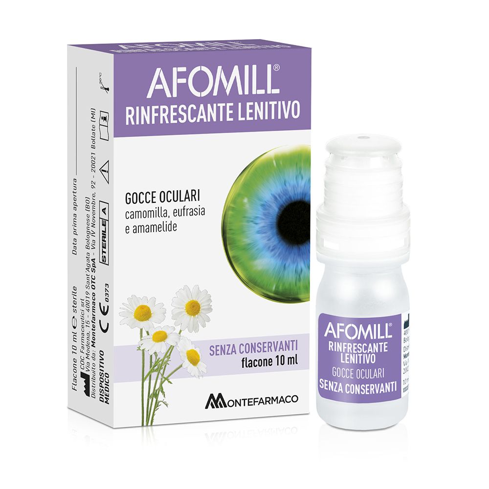 Confezione e flacone AFOMILL Rinfrescante Lenitivo. Immagine occhio e fiori di camomilla. Senza conservanti.