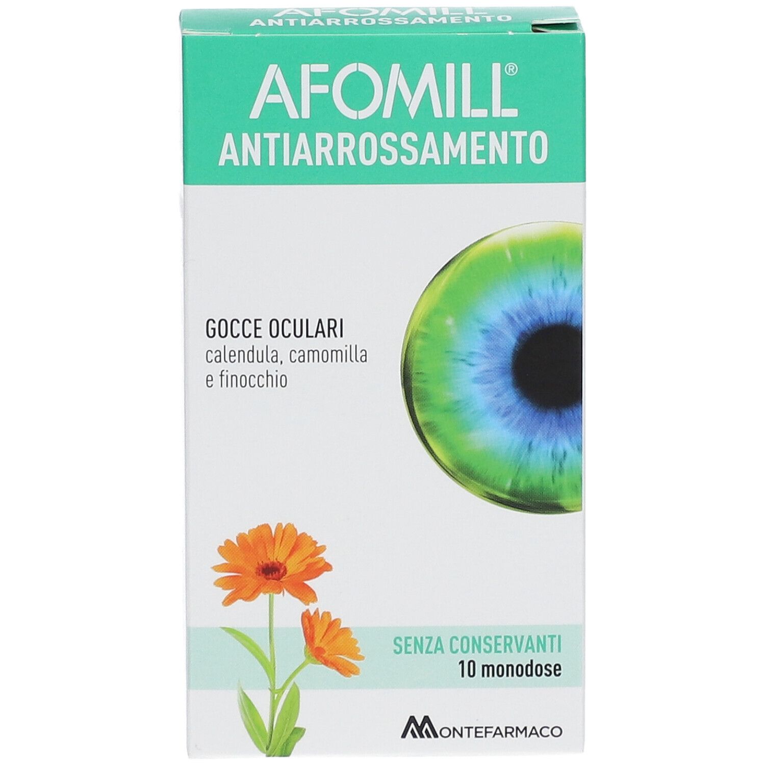 Verpackung von Afomill Anti-Rötung Augentropfen, 10 Einzeldosen.