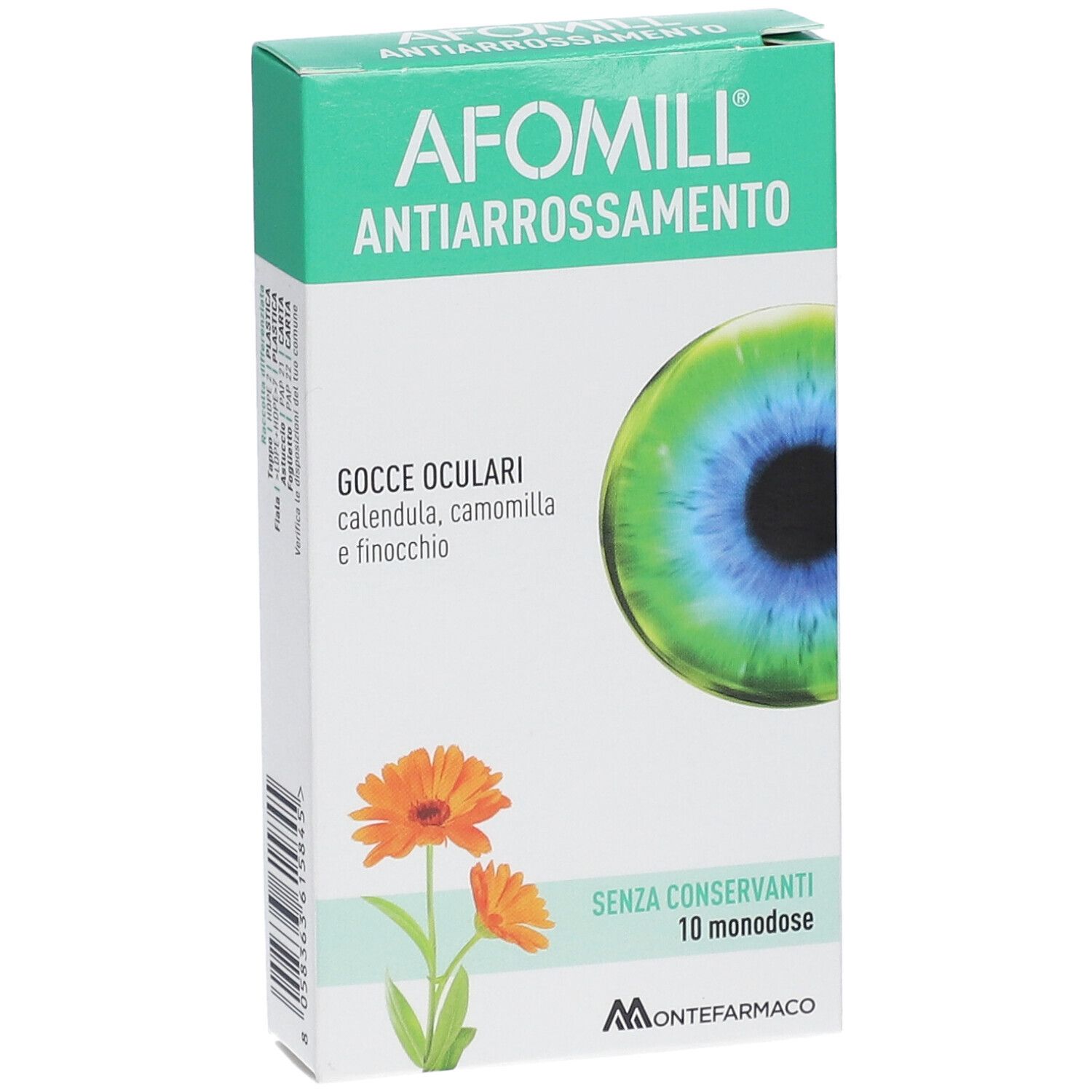 Verpackung von Afomill Anti-Rötung Augentropfen, 10 Einzeldosen.