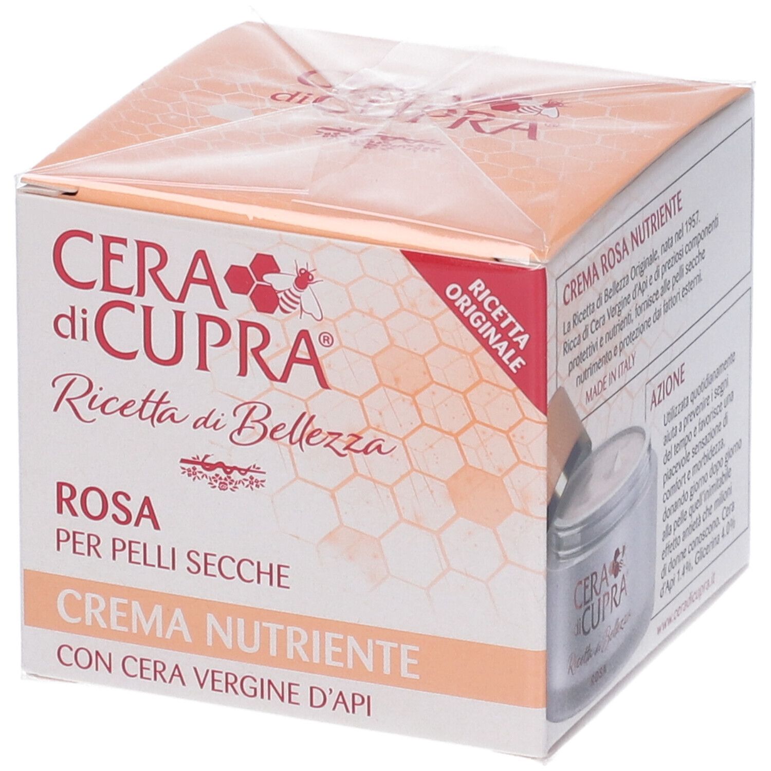 Confezione di Cera di Cupra Crema Rosa. Scritta: Rosa, Crema Nutriente, con Cera Vergine d'Api. Ricetta Originale.