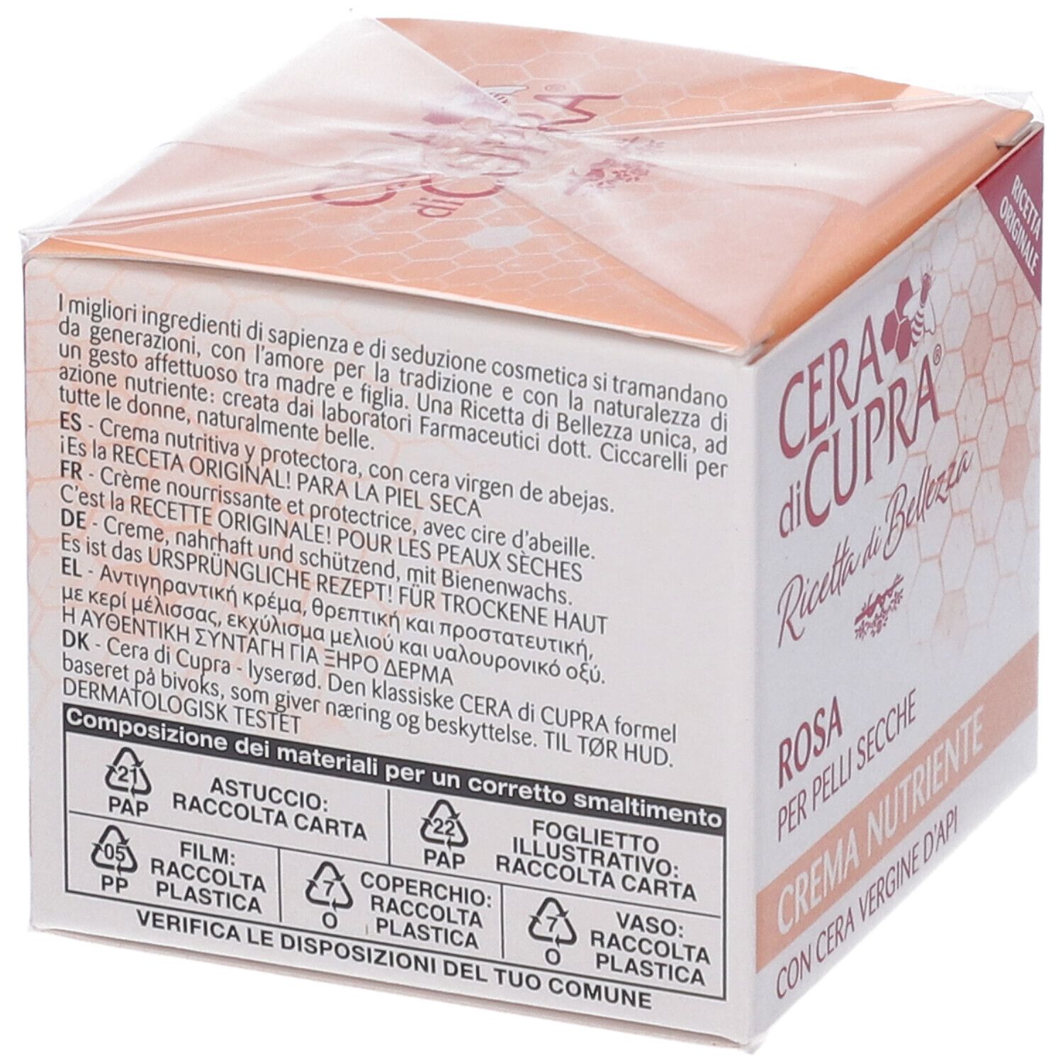 Retro della confezione Cera di Cupra Crema Rosa. Testo multilingue. Simboli di riciclaggio. Ricetta Originale.