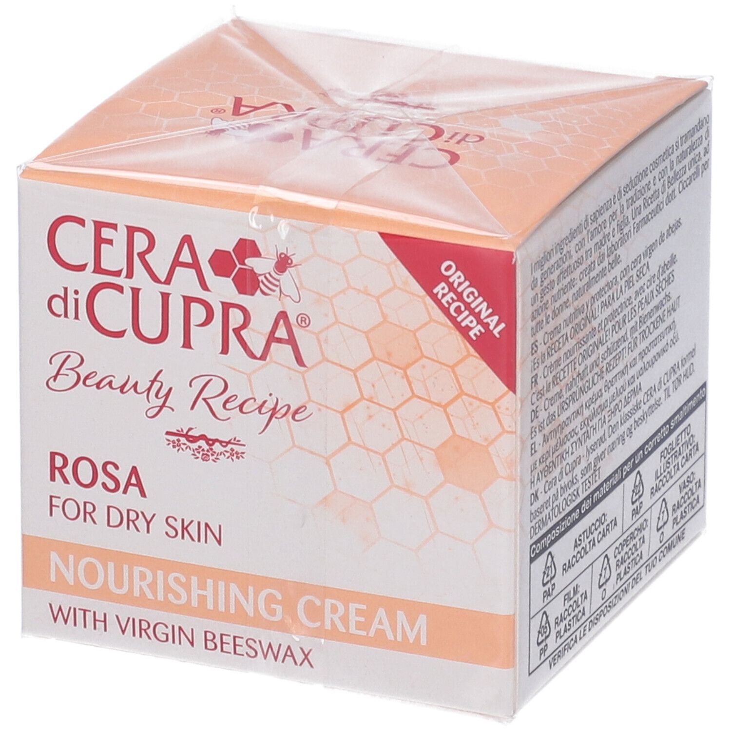 Confezione di Cera di Cupra. Scritta: Rosa, per pelli secche, crema nutriente con cera d'api. Ricetta Originale.
