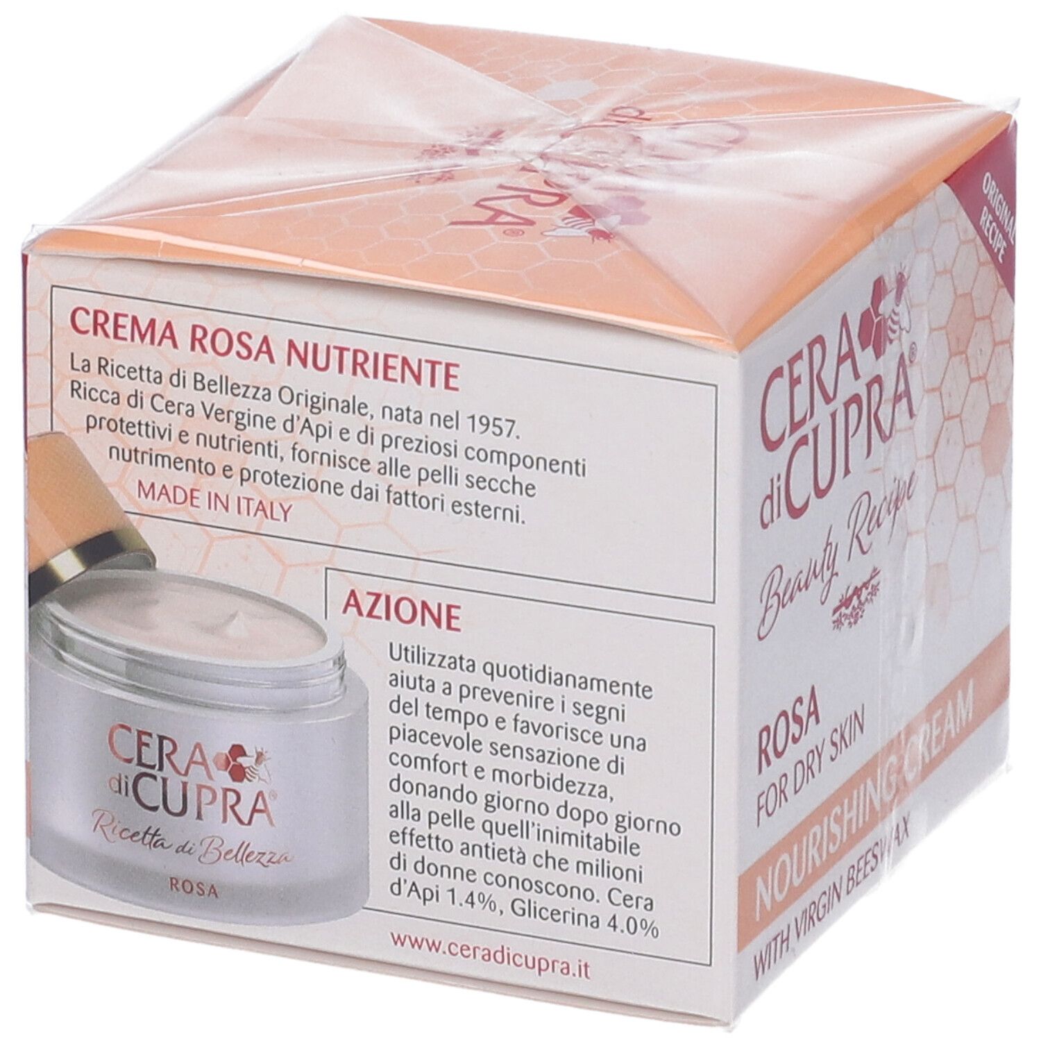 Confezione di Cera di Cupra Crema Rosa. Scritta: Rosa, per pelli secche, crema nutriente. Ricetta Originale.