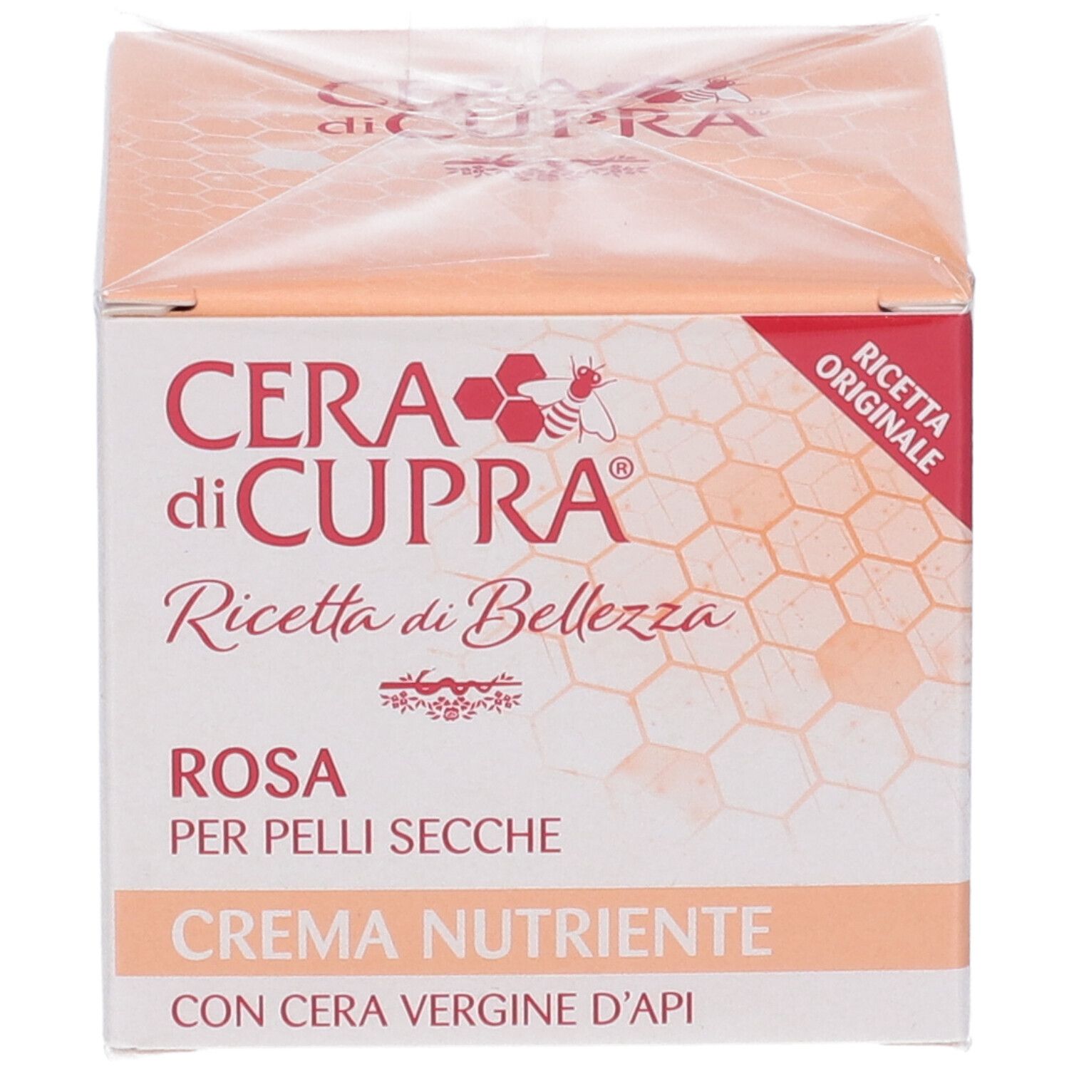 Confezione di Cera di Cupra. Scritta: Rosa, per pelli secche, Crema Nutriente con Cera Vergine d'Api. Ricetta Originale.