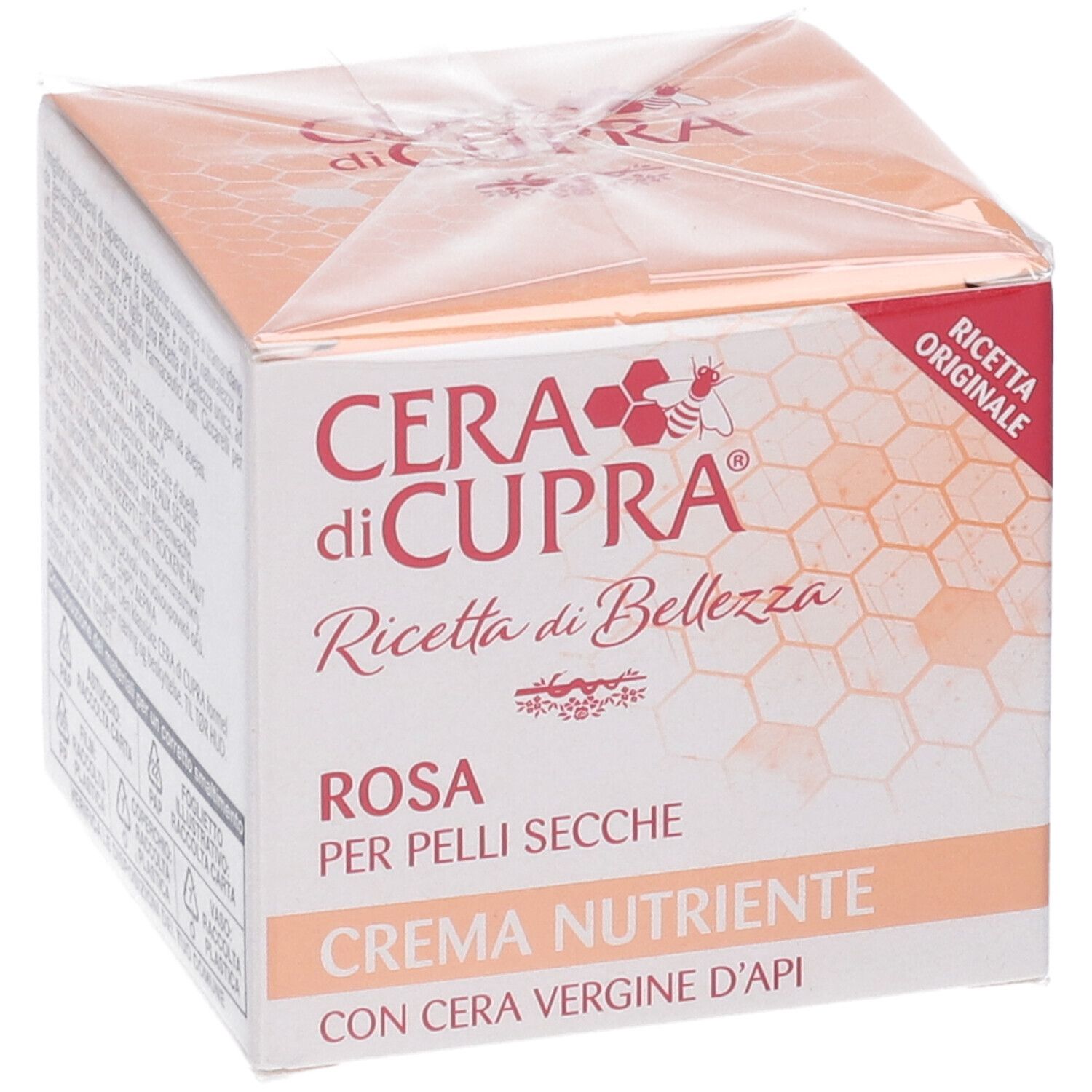 Confezione di Cera di Cupra. Scritta: Rosa, per pelli secche, Crema Nutriente con Cera Vergine d'Api. Ricetta Originale.