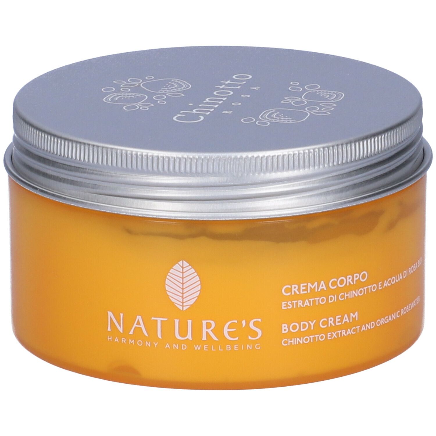 Barattolo rotondo arancione con coperchio argentato. Scritta: NATURE'S, Chinotto Rosa, Crema Corpo, Body Cream.