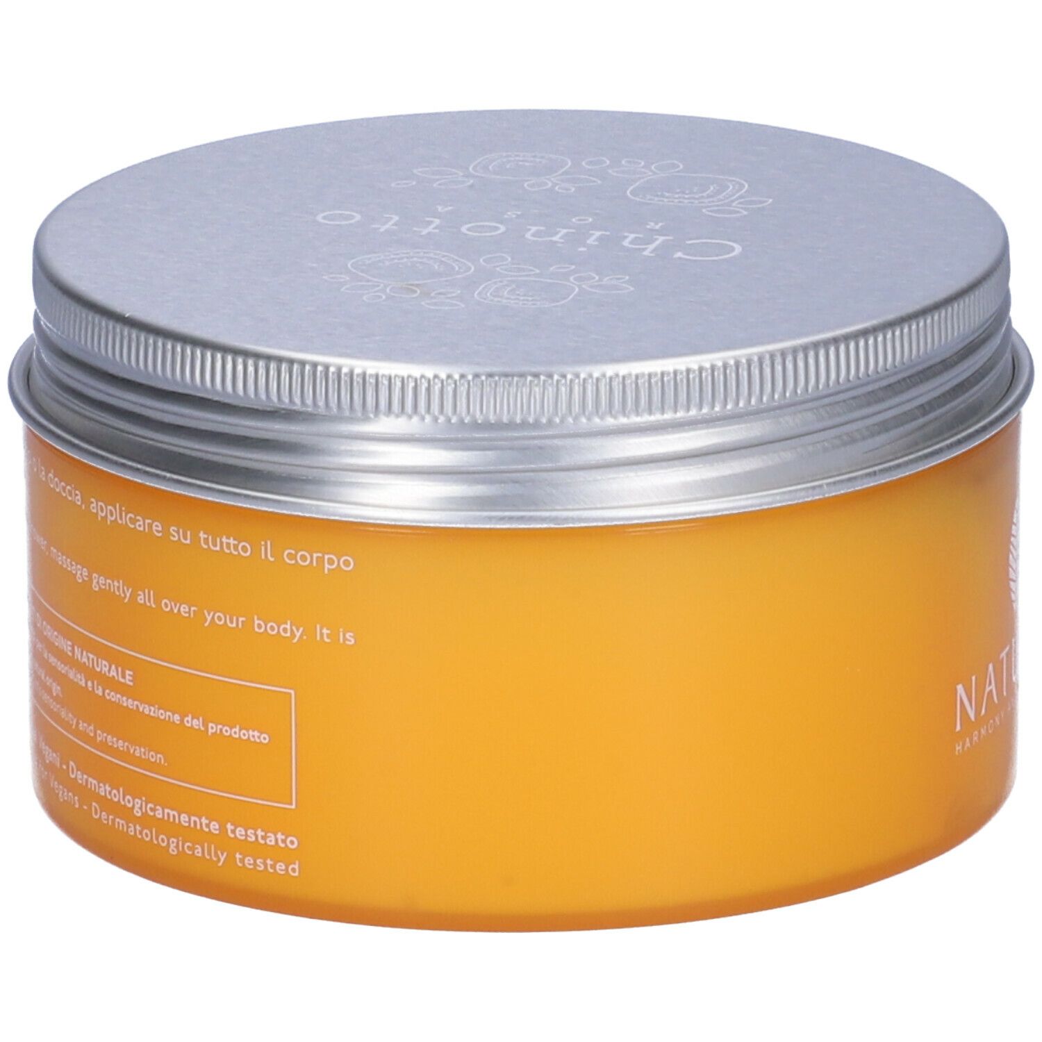 Barattolo arancione con coperchio argentato. Scritta: NATURE'S. Testo in italiano. Dermatologicamente testato.