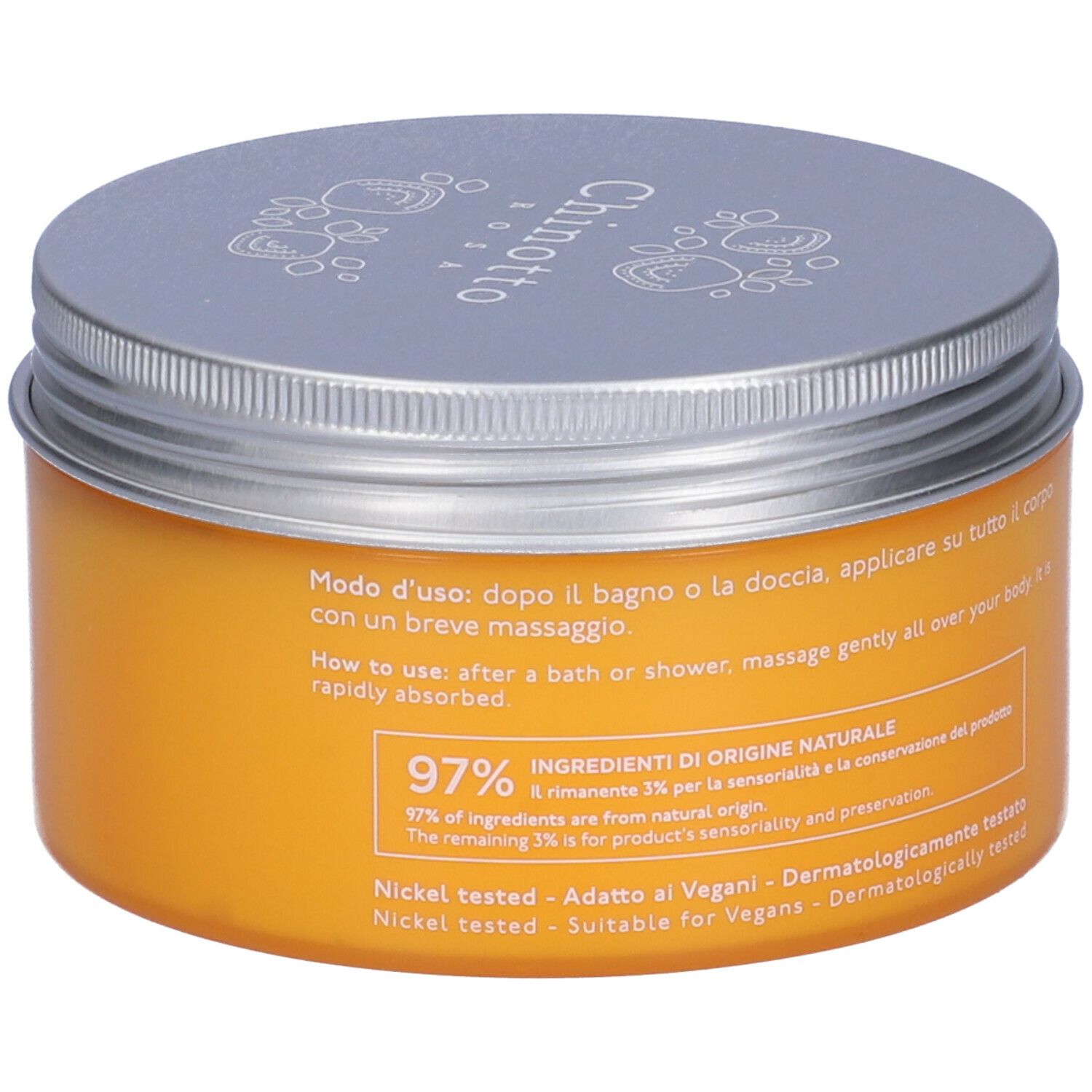 Barattolo arancione con coperchio argentato. Scritta: NATURE'S. Testo in italiano. 97% ingredienti di origine naturale.