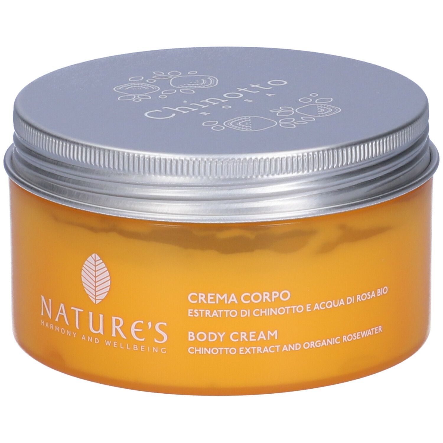 Barattolo rotondo arancione con coperchio argentato. Scritta: NATURE'S, Chinotto Rosa, Crema Corpo, Body Cream.