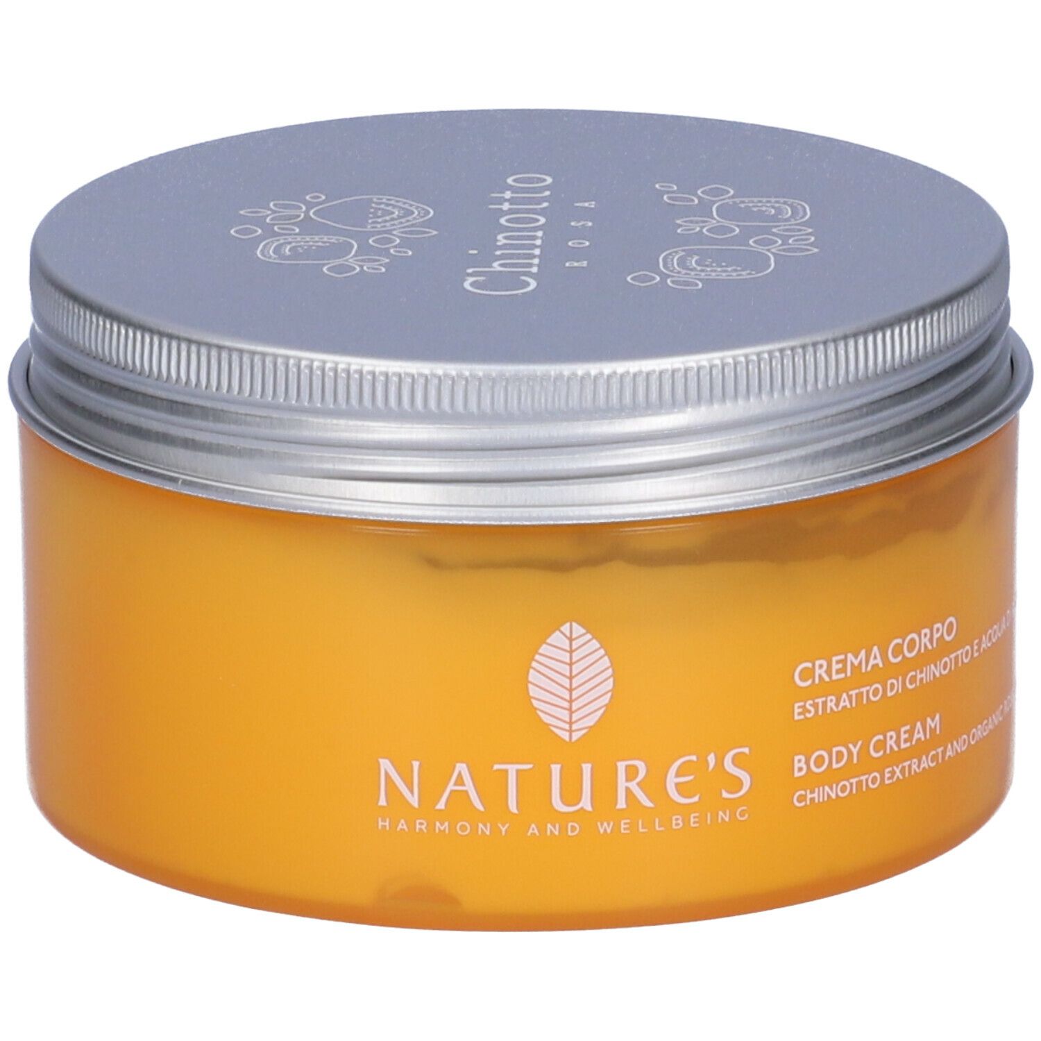 Barattolo rotondo arancione con coperchio argentato. Scritta: NATURE'S, Chinotto Rosa, Crema Corpo, Body Cream.