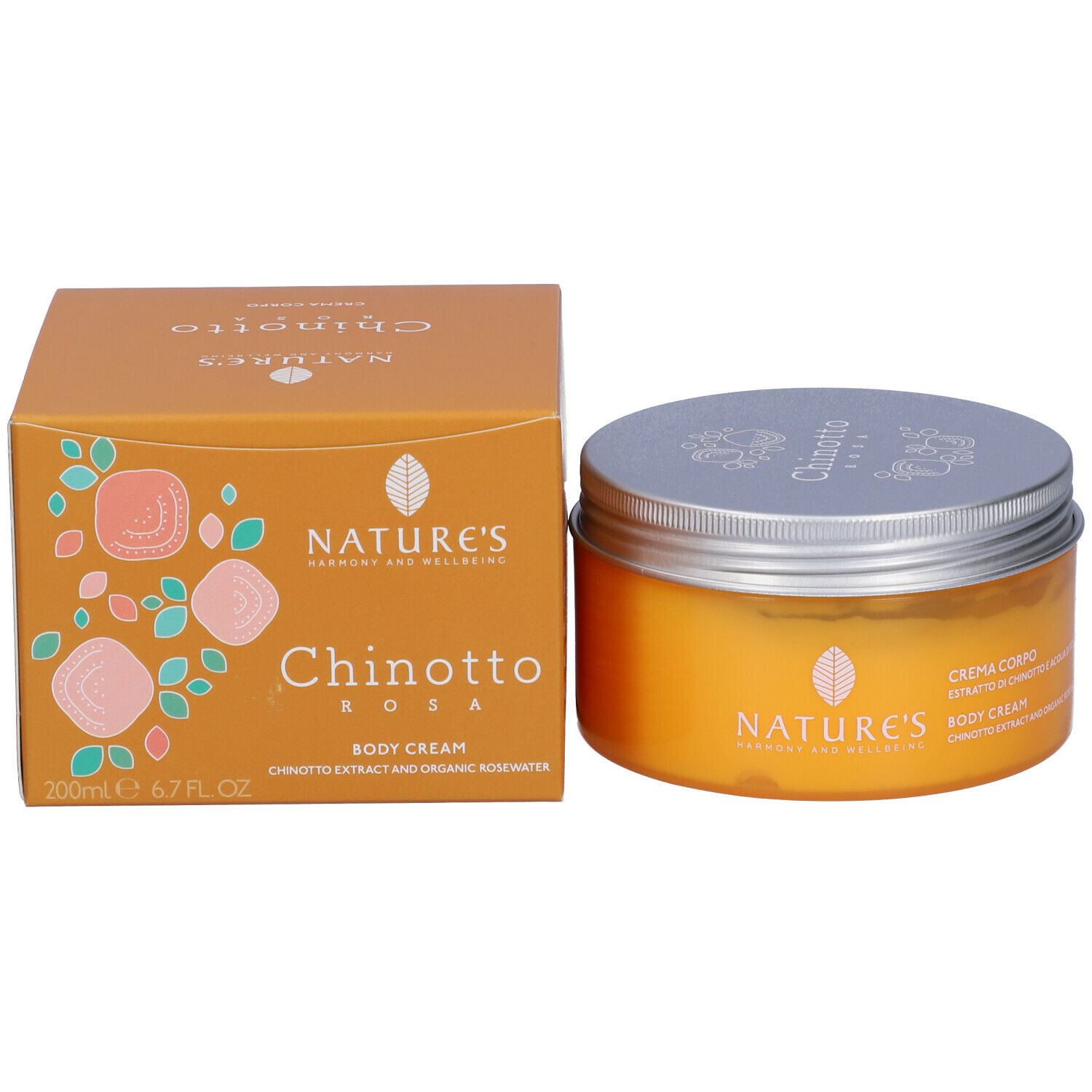 Confezione e barattolo del prodotto. Scritta: NATURE'S, Chinotto Rosa, Crema Corpo, Body Cream. 200ml.