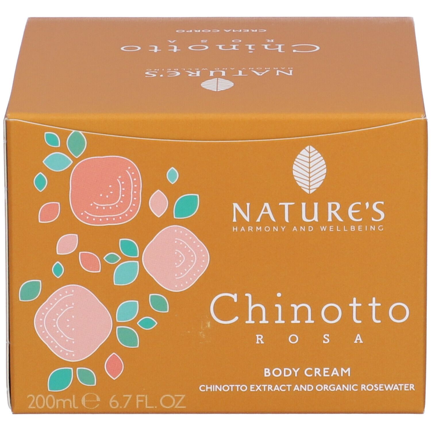Confezione del prodotto. Scritta: NATURE'S, Chinotto Rosa, Crema Corpo, Body Cream. 200ml.